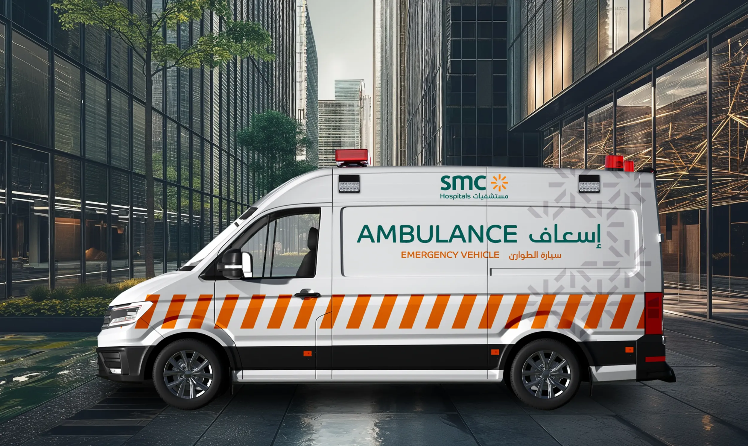 SMC Hospitals branded ambulance, showcasing Skyne's comprehensive healthcare branding and design expertise for medical facilities.
