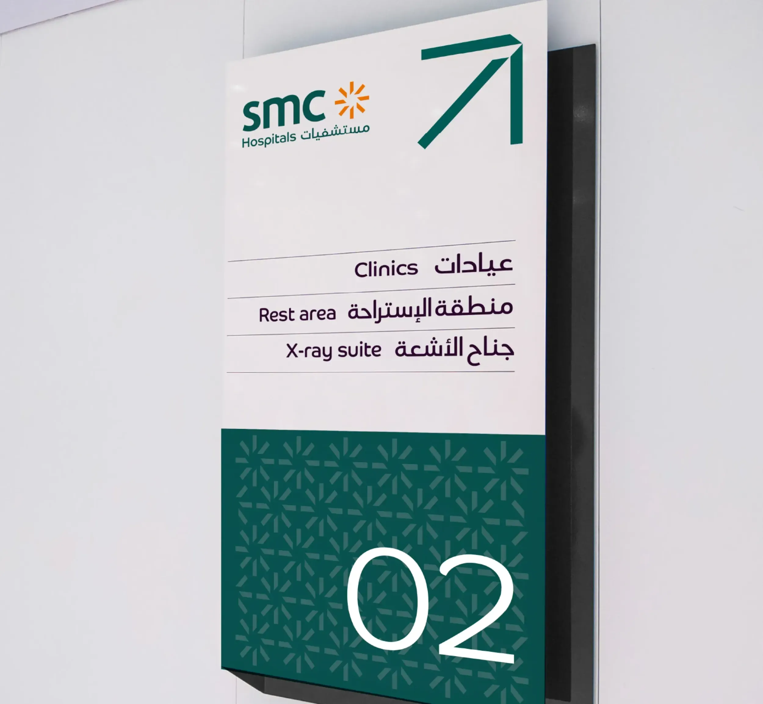 SMC Hospitals bilingual wayfinding sign showing directions to clinics, rest area, and X-ray suite, with room number 02