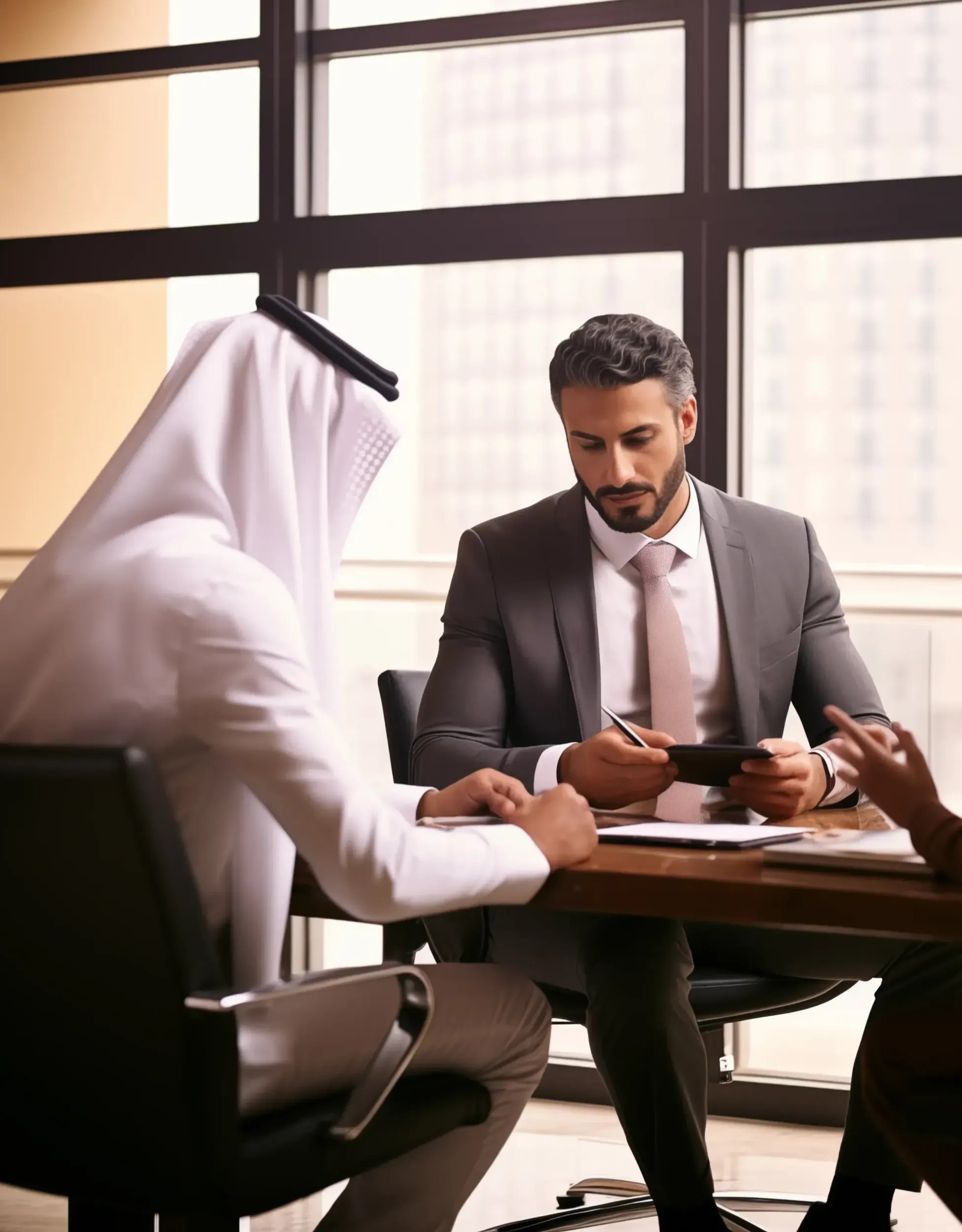 Business professionals in a meeting, representing STAT Law's client-focused approach and Skyne's ability to create branding that resonates with diverse audiences.