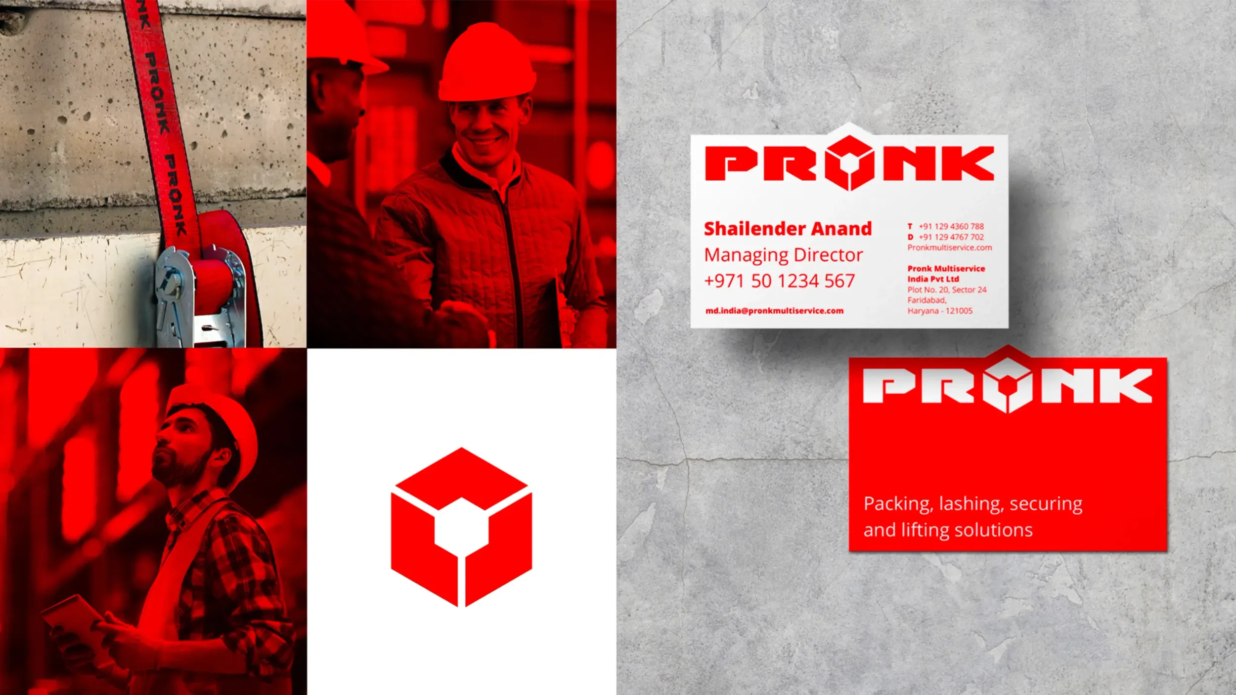 Pronk brand collage featuring red-toned photography, business cards, and cube icon, identity system by Skyne branding agency