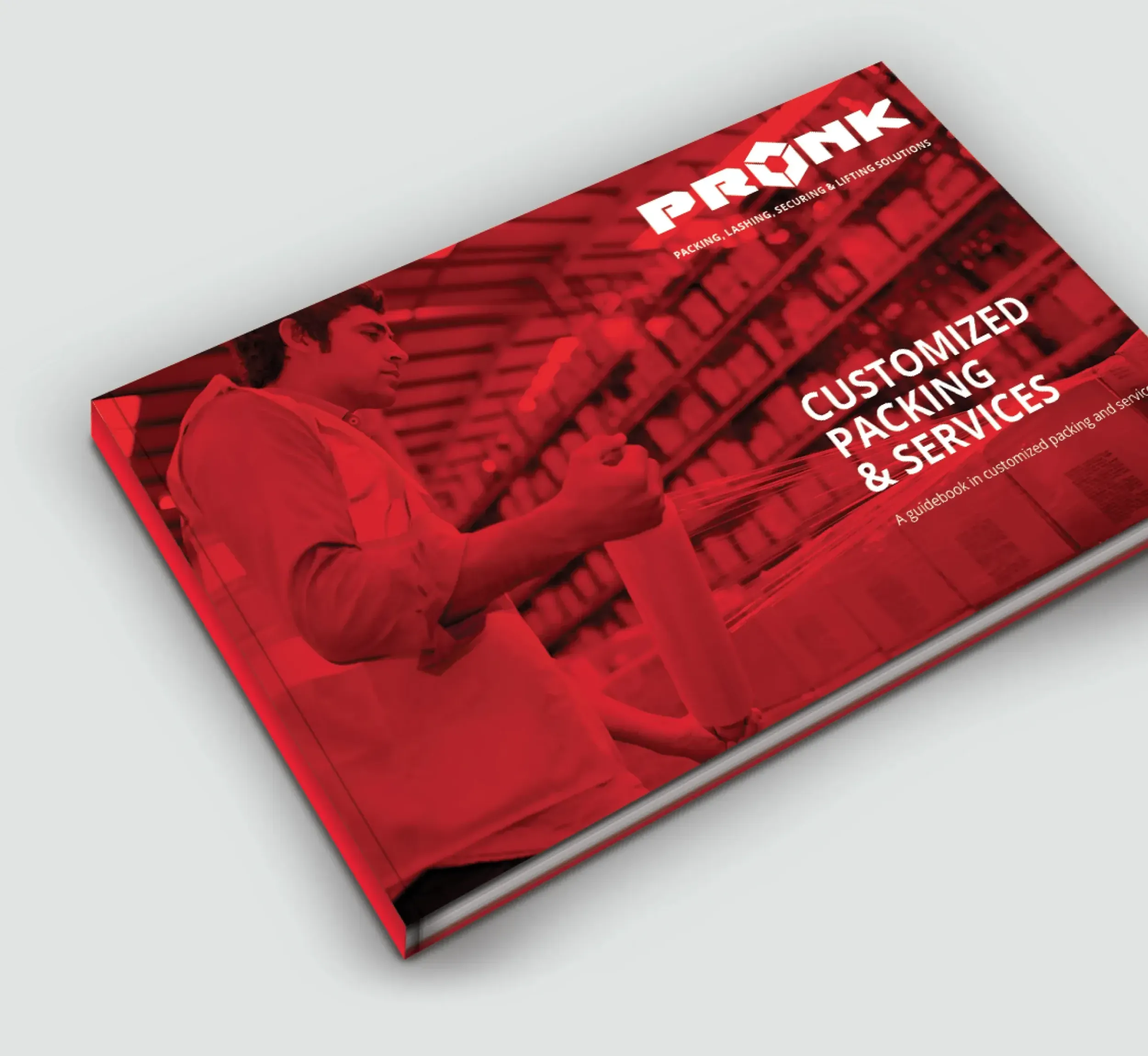 Brochure for Pronk titled "CUSTOMIZED PACKING & SERVICES" with a red-tinted image of a worker in a warehouse. Skyne develops print materials for logistics and supply chain businesses in Dubai, Riyadh, and Jeddah.