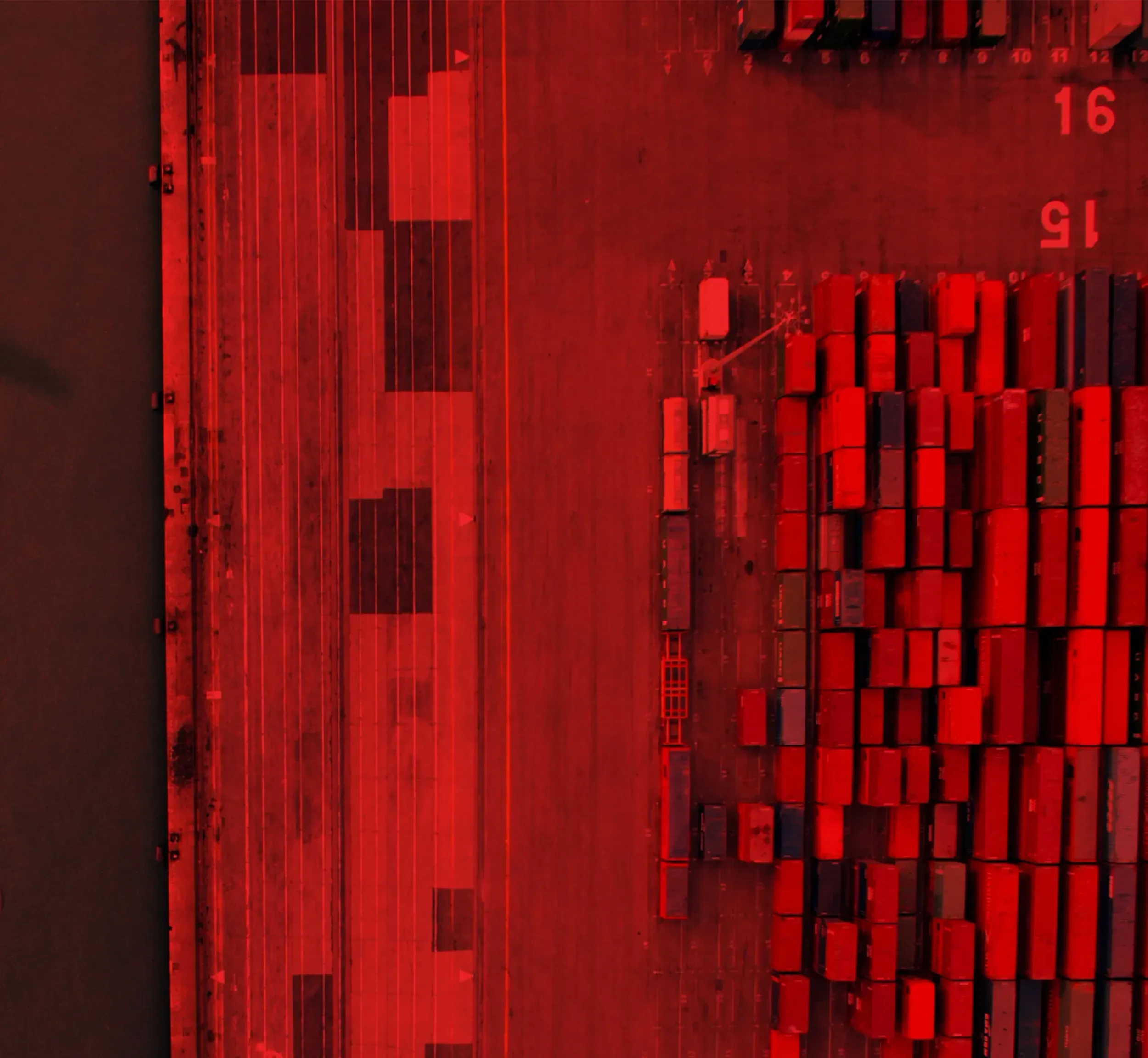 Aerial view of shipping terminal with stacked cargo containers, logistics visual from Pronk case study by Skyne branding agency