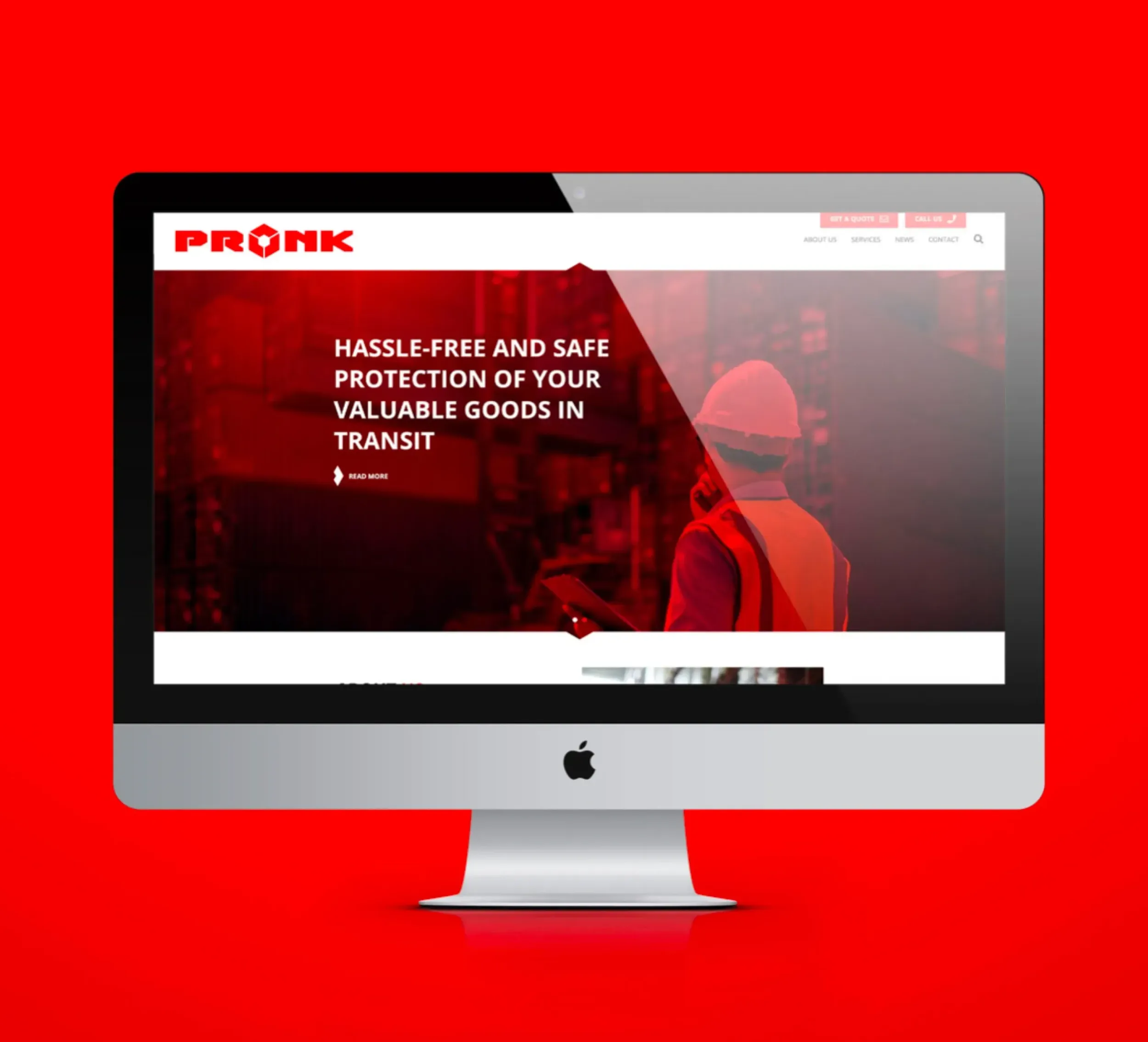 Pronk website homepage displayed on iMac with red safety-themed visuals, digital branding by Skyne branding agency
