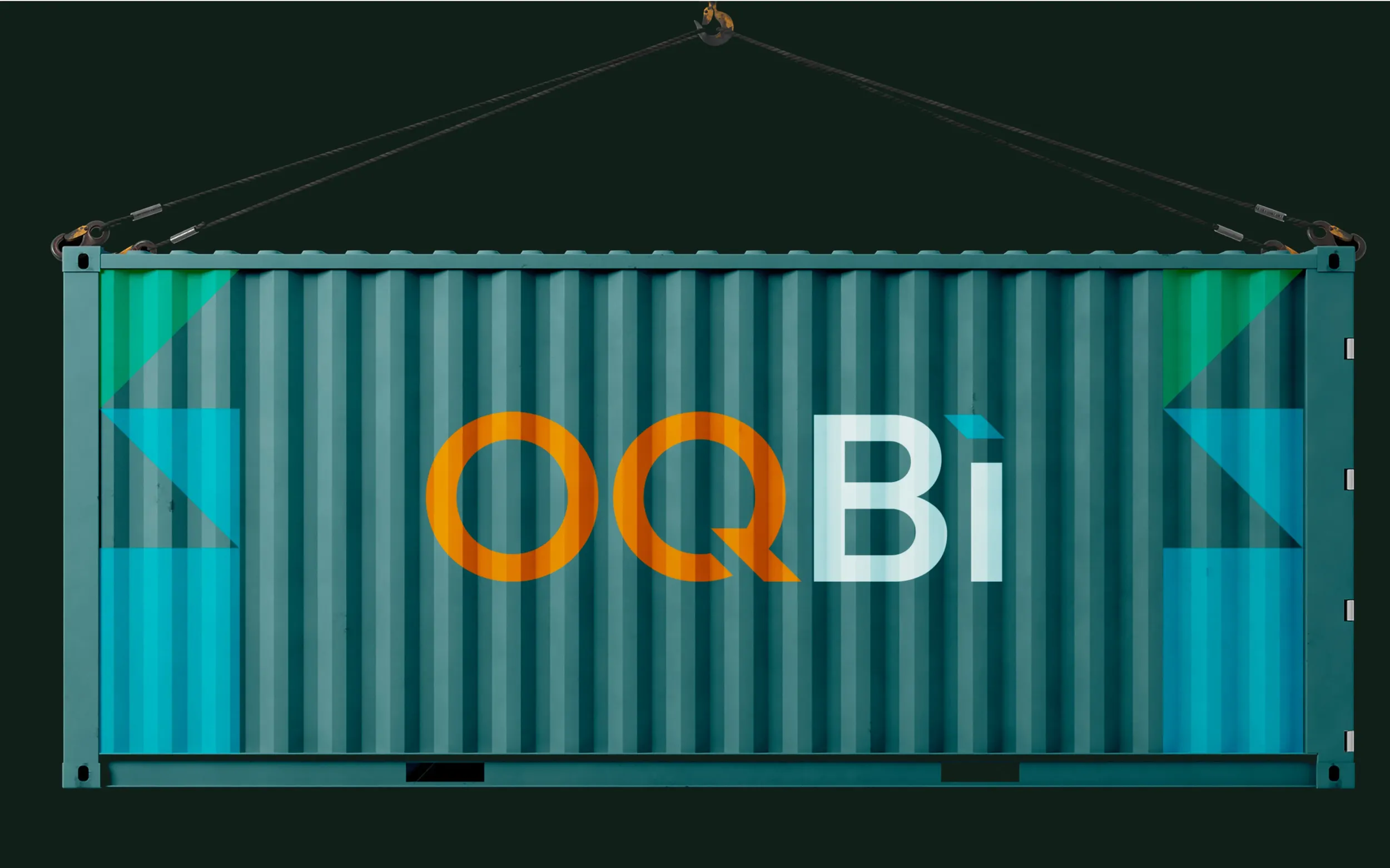 Teal shipping container with OQBi logo and geometric patterns, suspended by a crane hook, symbolizing logistics and transportation. Skyne specializes in packaging design and branding for global supply chain companies in Dubai, Riyadh, and Jeddah.