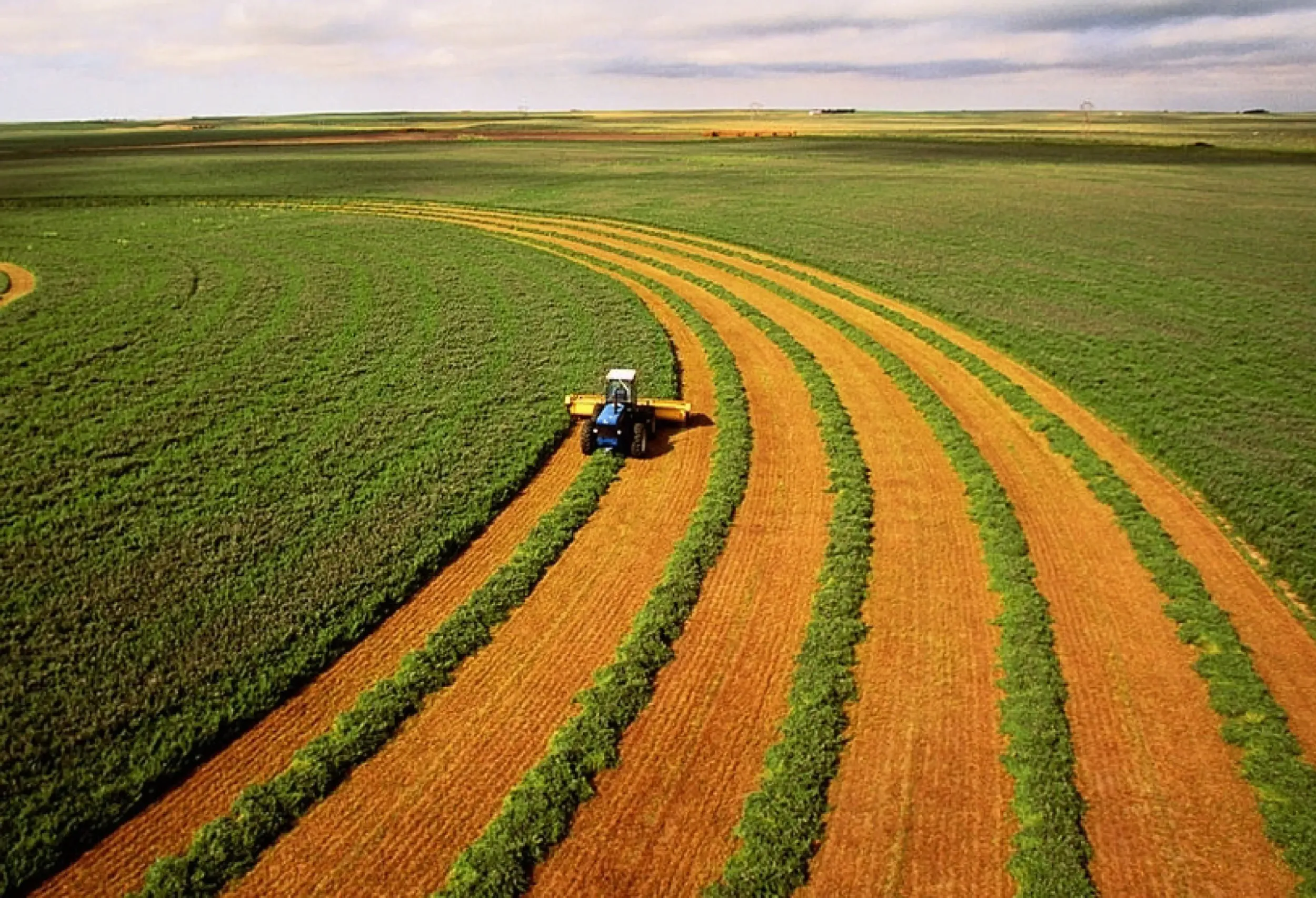 Aerial view of tractor harvesting crops in green farmland with curved rows, visual used in Marooj branding by Skyne