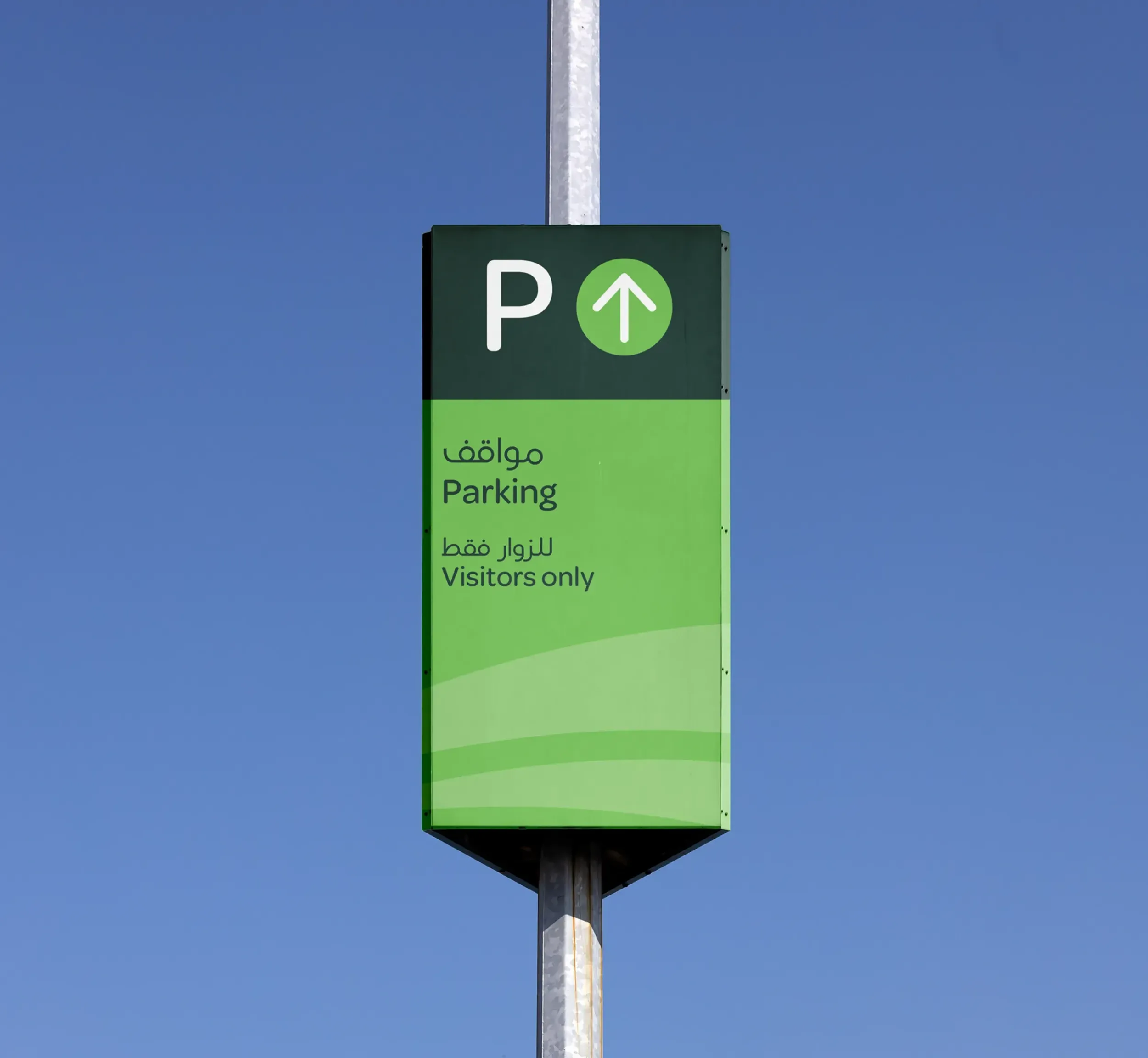 Green parking sign with Arabic and English text for visitors only, designed by Skyne branding agency