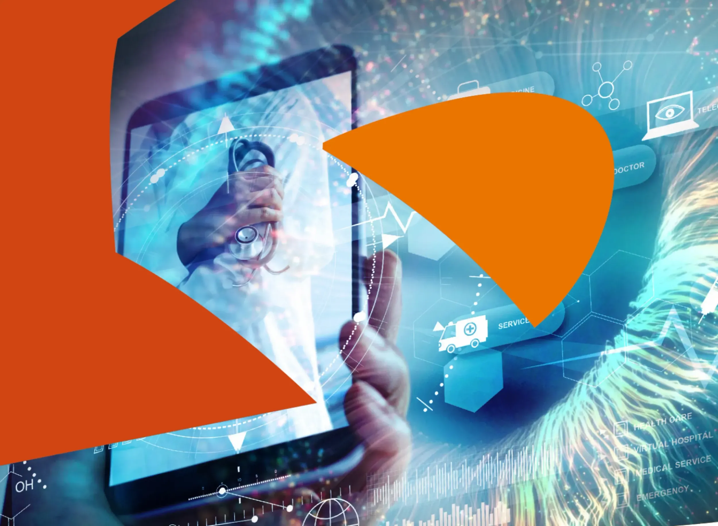 Skyne's dynamic visual for SAP, depicting a smartphone displaying a doctor, integrated with medical icons and data streams, representing digital healthcare transformation and teleconsultation solutions.