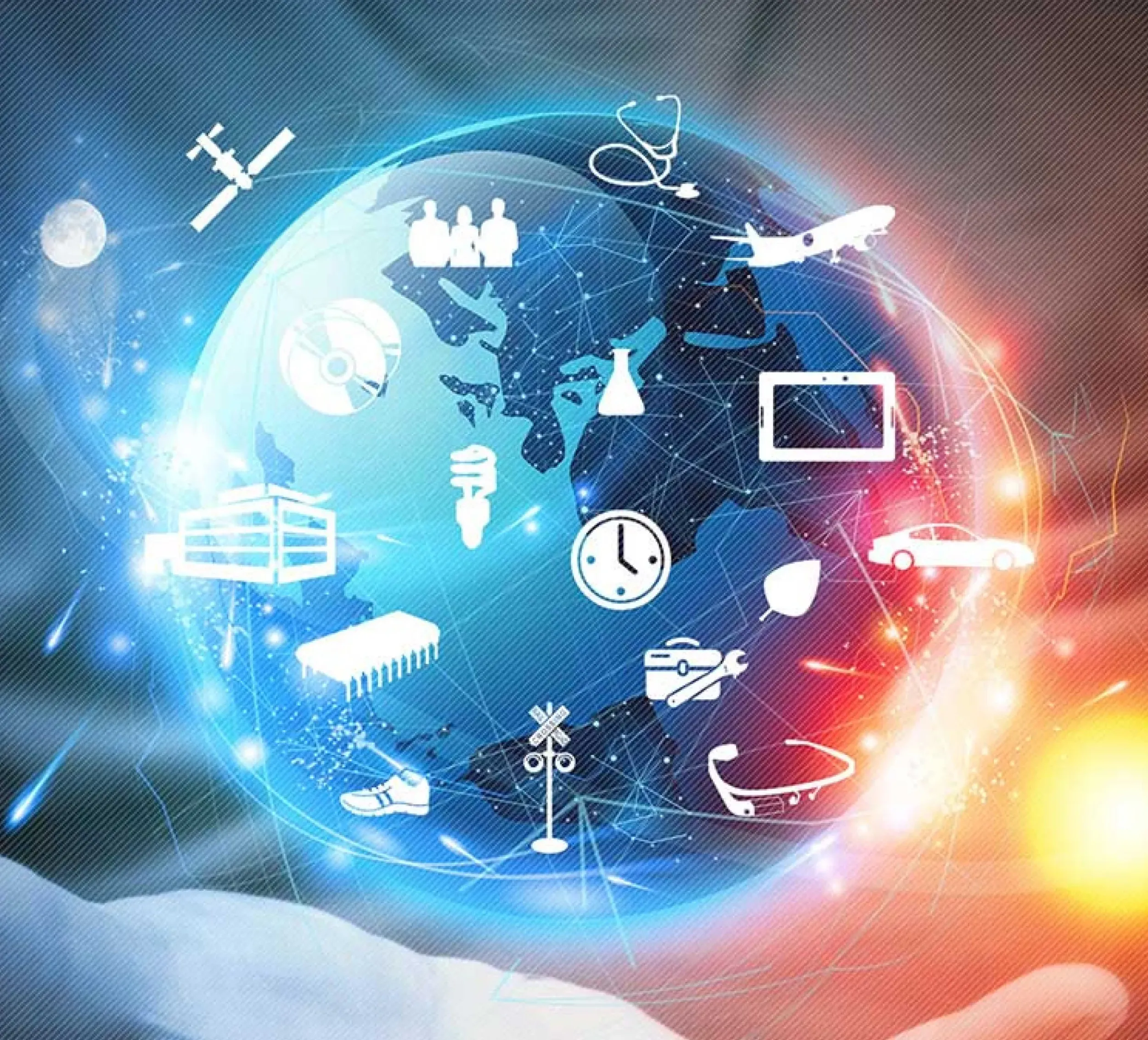Skyne's visual representation of SAP's global impact, with a glowing earth surrounded by diverse industry icons, highlighting comprehensive digital solutions and connectivity.