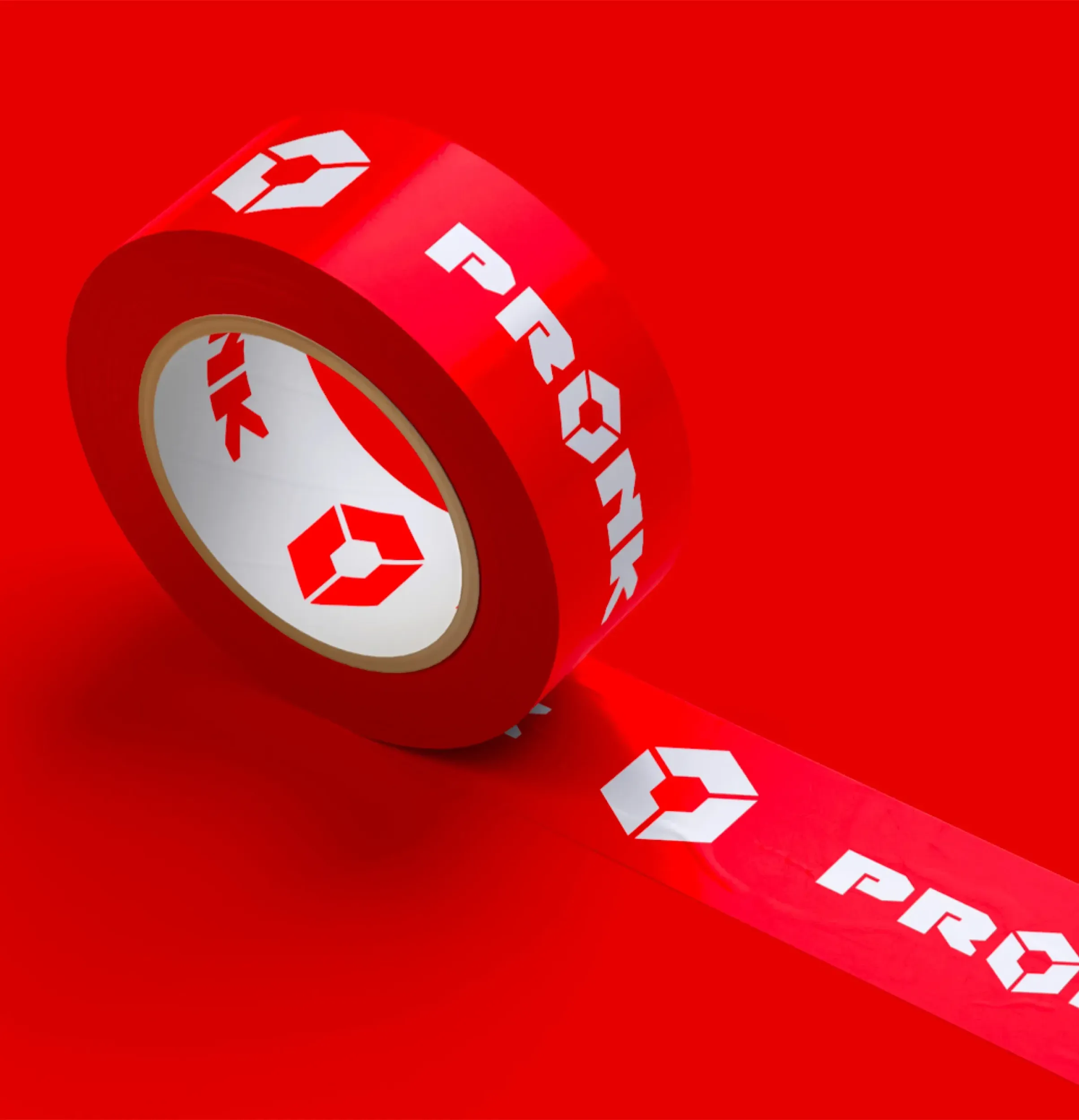 Custom red packing tape with Pronk logo in white, branded packaging design by Skyne branding agency