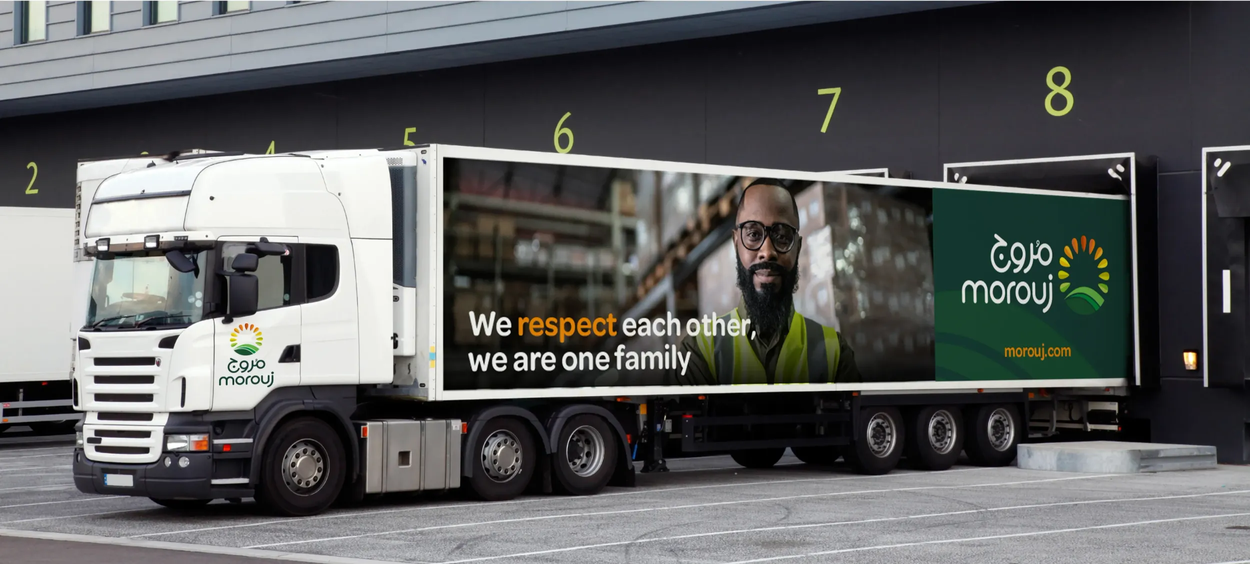 Marooj delivery truck with employee-focused branding parked at loading dock, fleet design by Skyne branding agency
