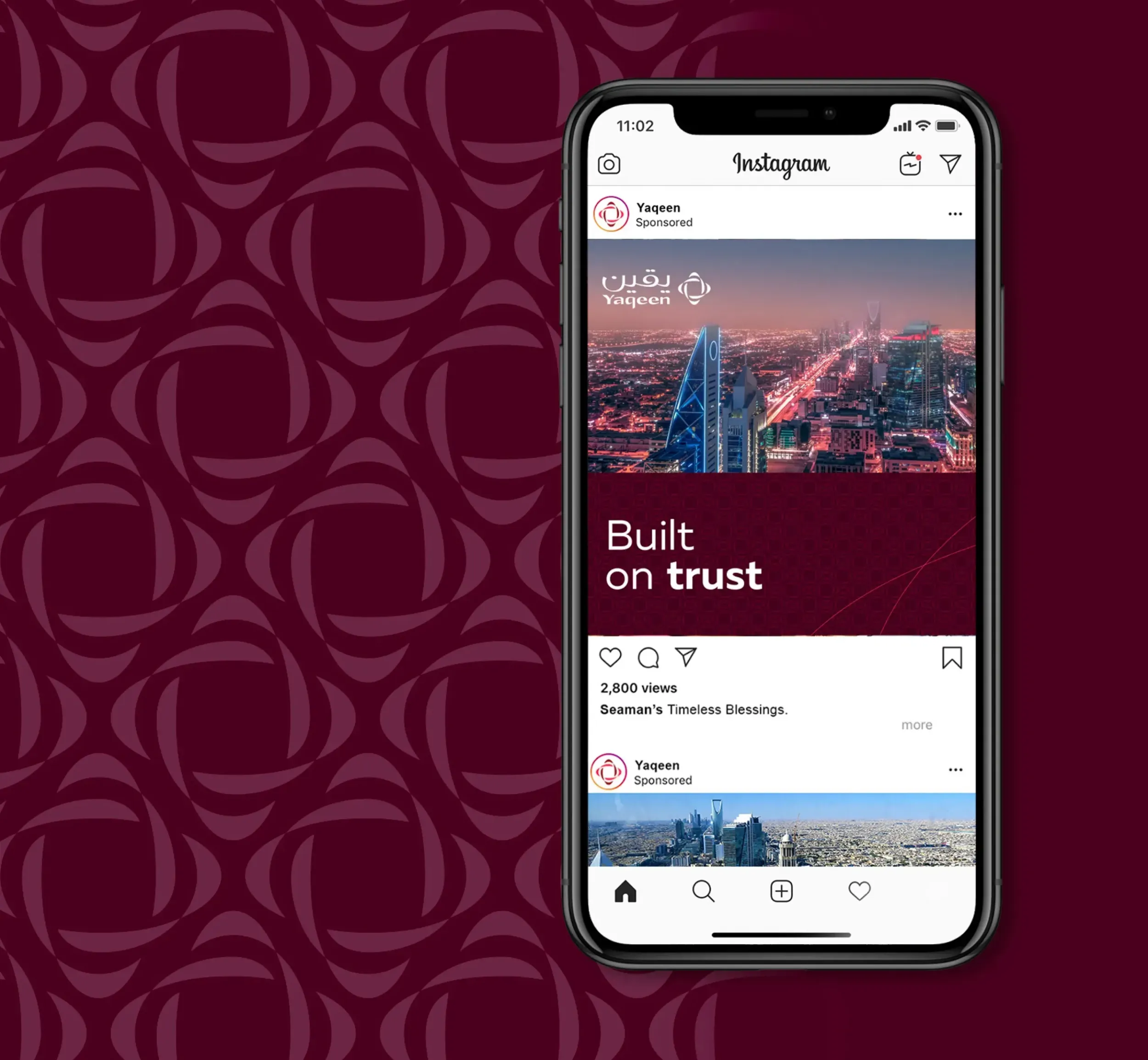 Smartphone displaying Yaqeen Capital's Instagram profile, showcasing digital branding efforts by Skyne. 