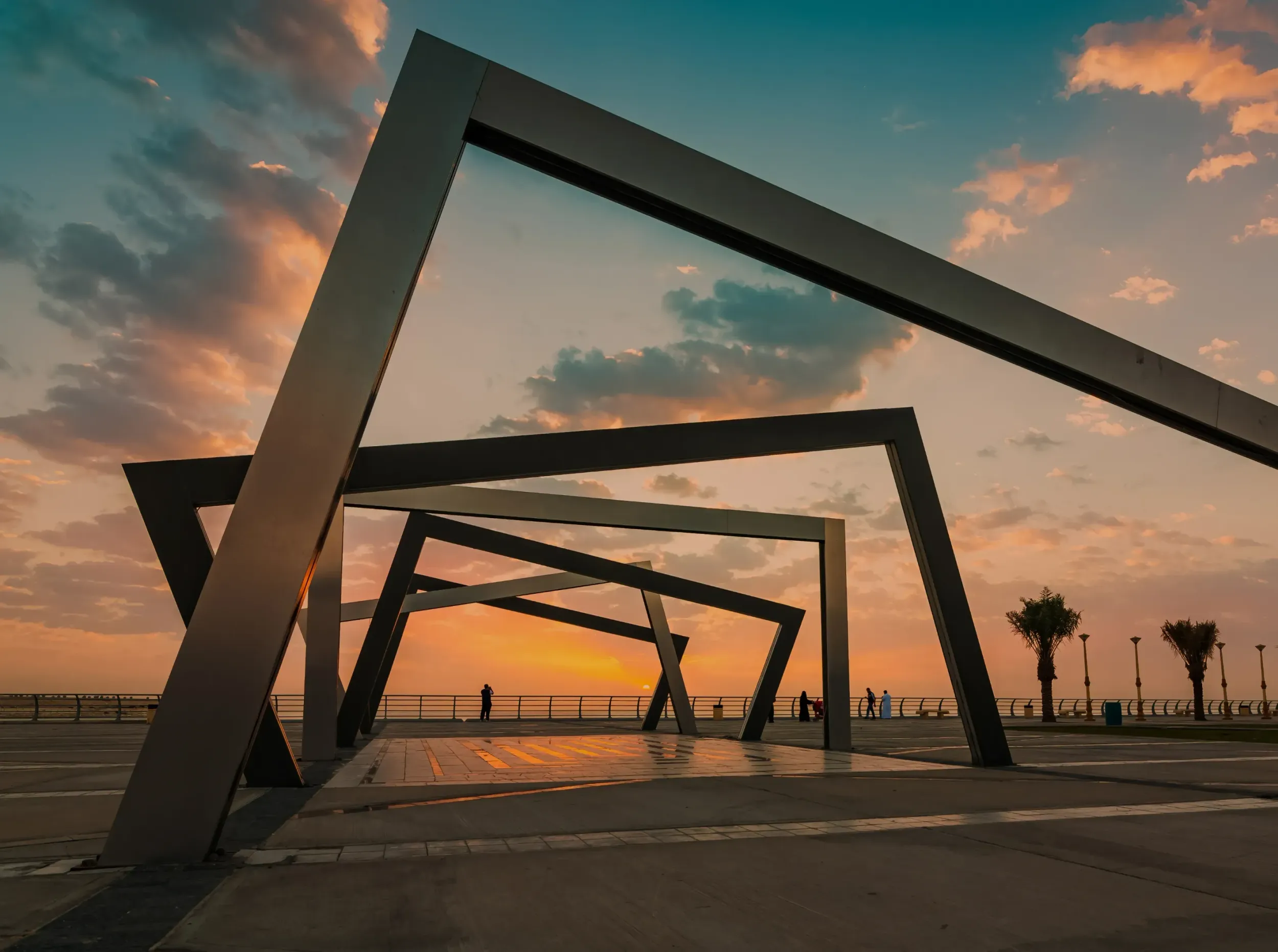 Modern architectural structure at sunset, symbolizing the innovative and forward-thinking approach of Skyne, a creative agency in Dubai, Riyadh, and Jeddah, in branding.