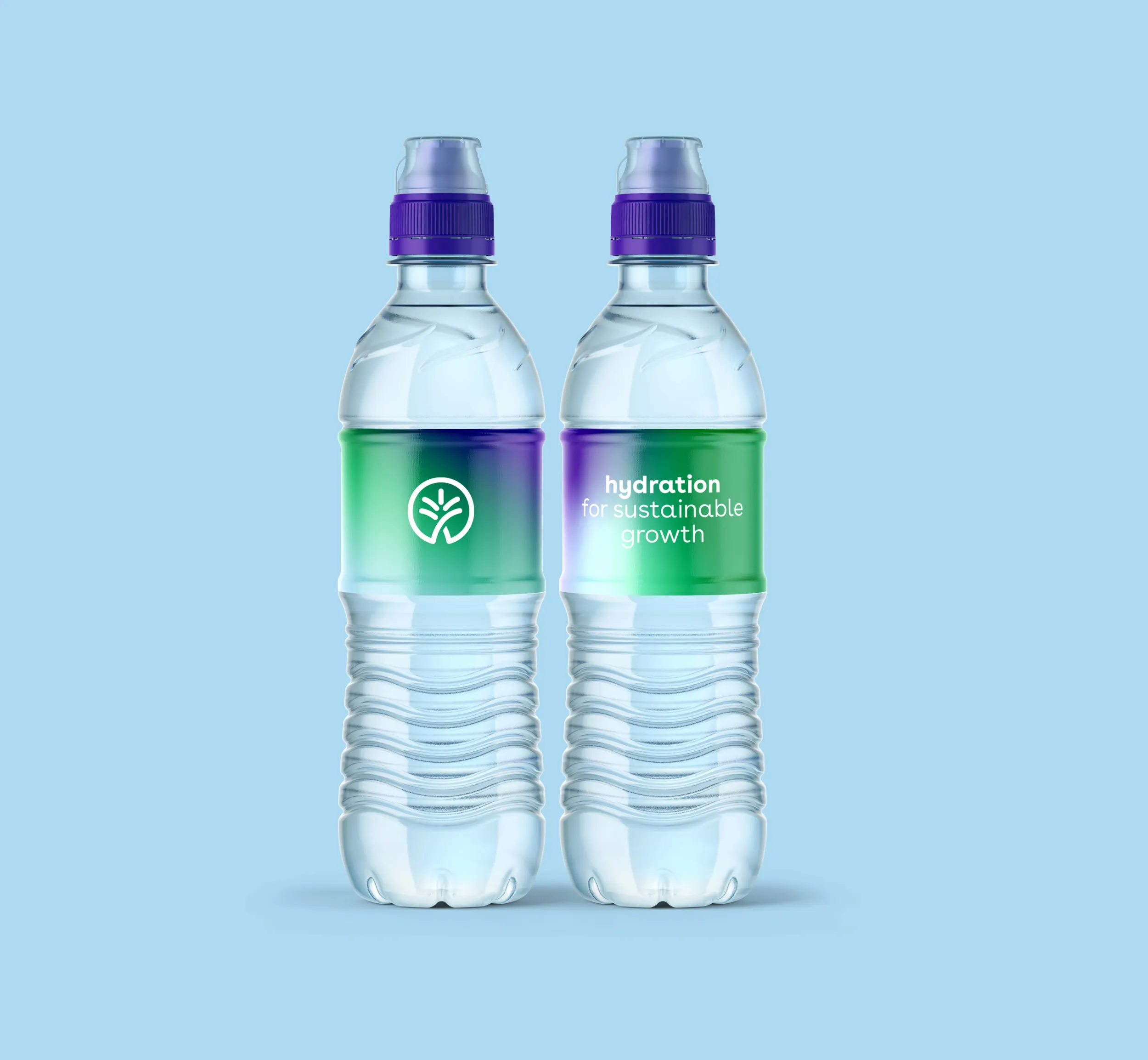 Mukatafa-branded water bottles with gradient labels, designed by Skyne branding agency for brand consistency