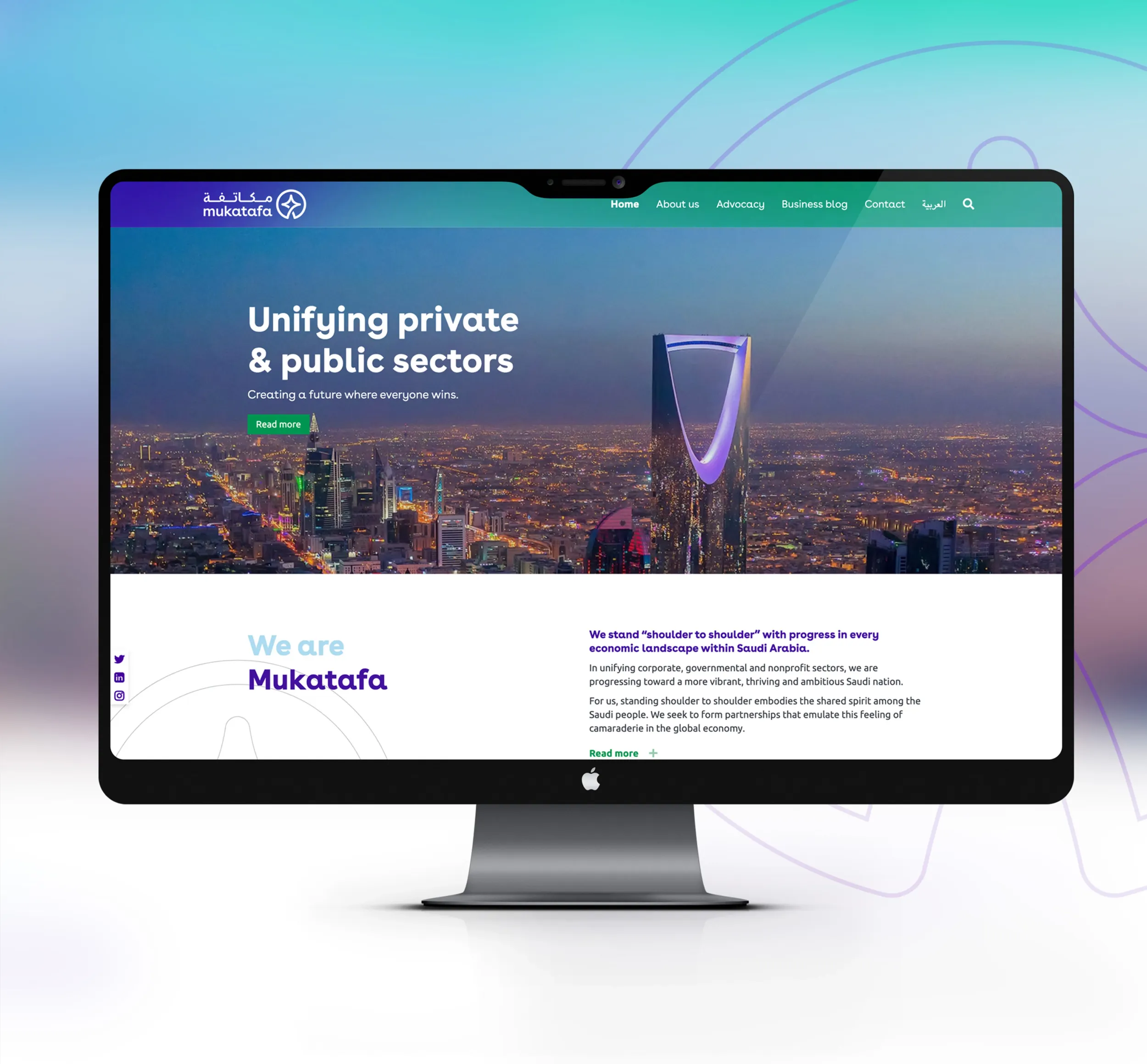 Mukatafa website homepage displayed on an iMac screen, featuring Riyadh skyline and the tagline 'Unifying private & public sectors