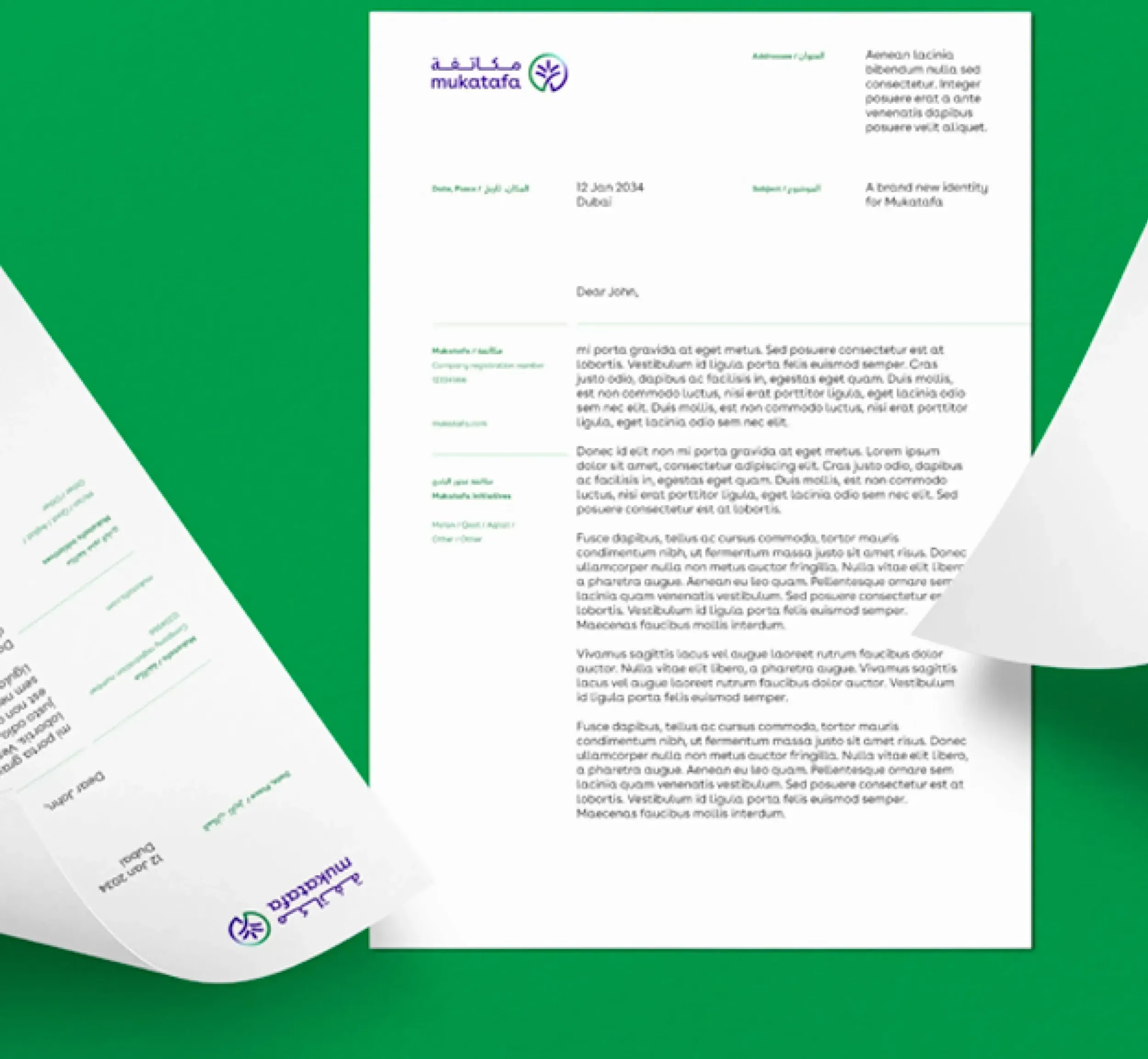 Mukatafa branded letterheads on green background, part of visual identity system designed by Skyne branding agency