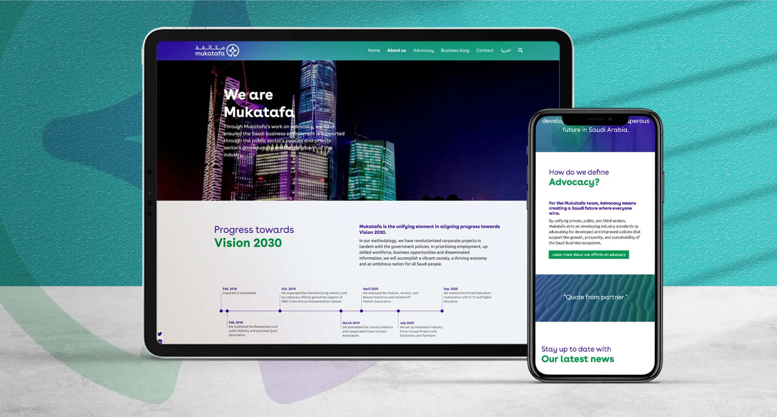 Mukatafa website shown on tablet and mobile screens, designed by Skyne branding agency to reflect the new digital identity.