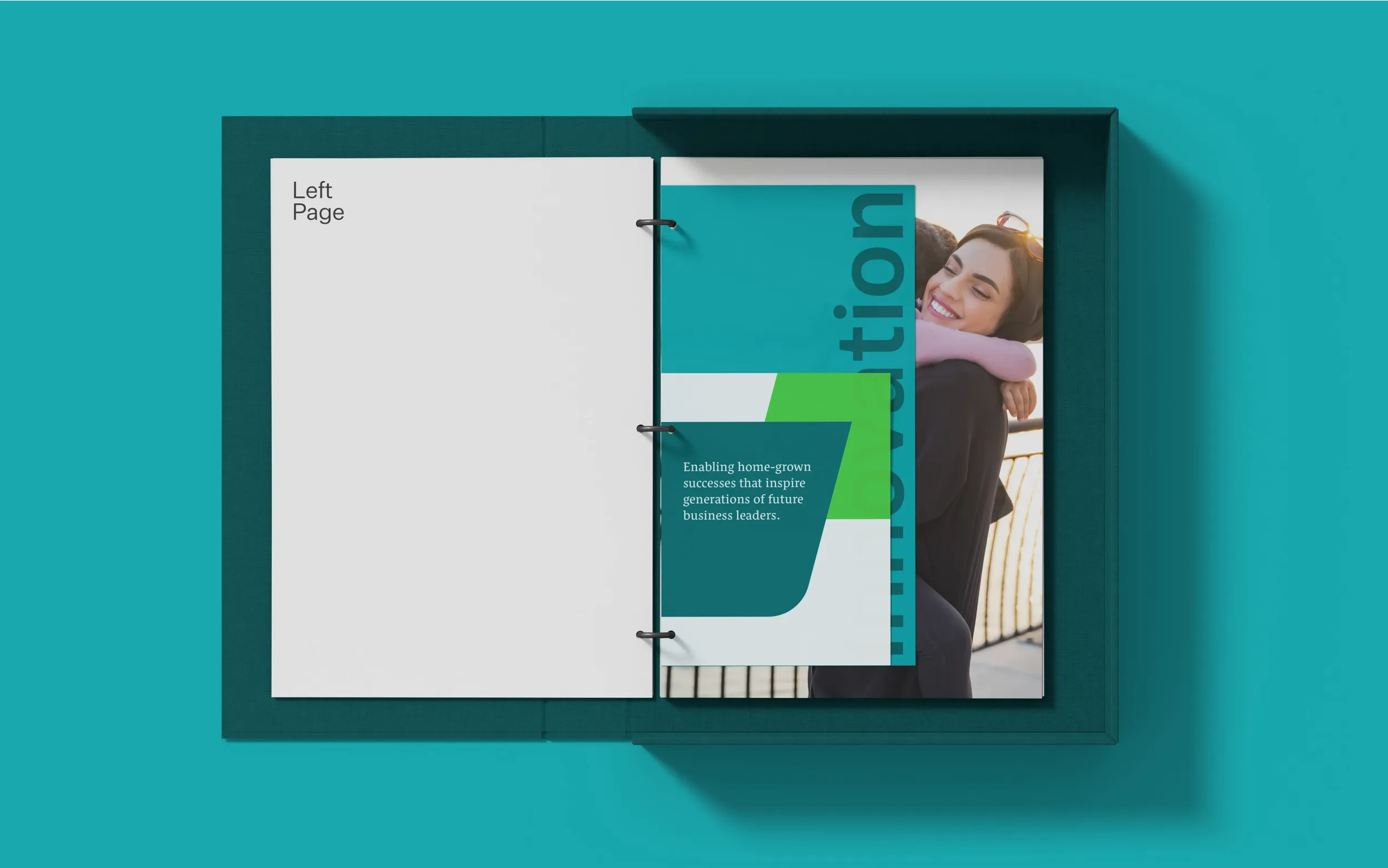 An open binder with a page featuring a smiling woman and text about enabling home-grown successes. Skyne, a creative agency, developed internal communication materials for Basamh Group. 