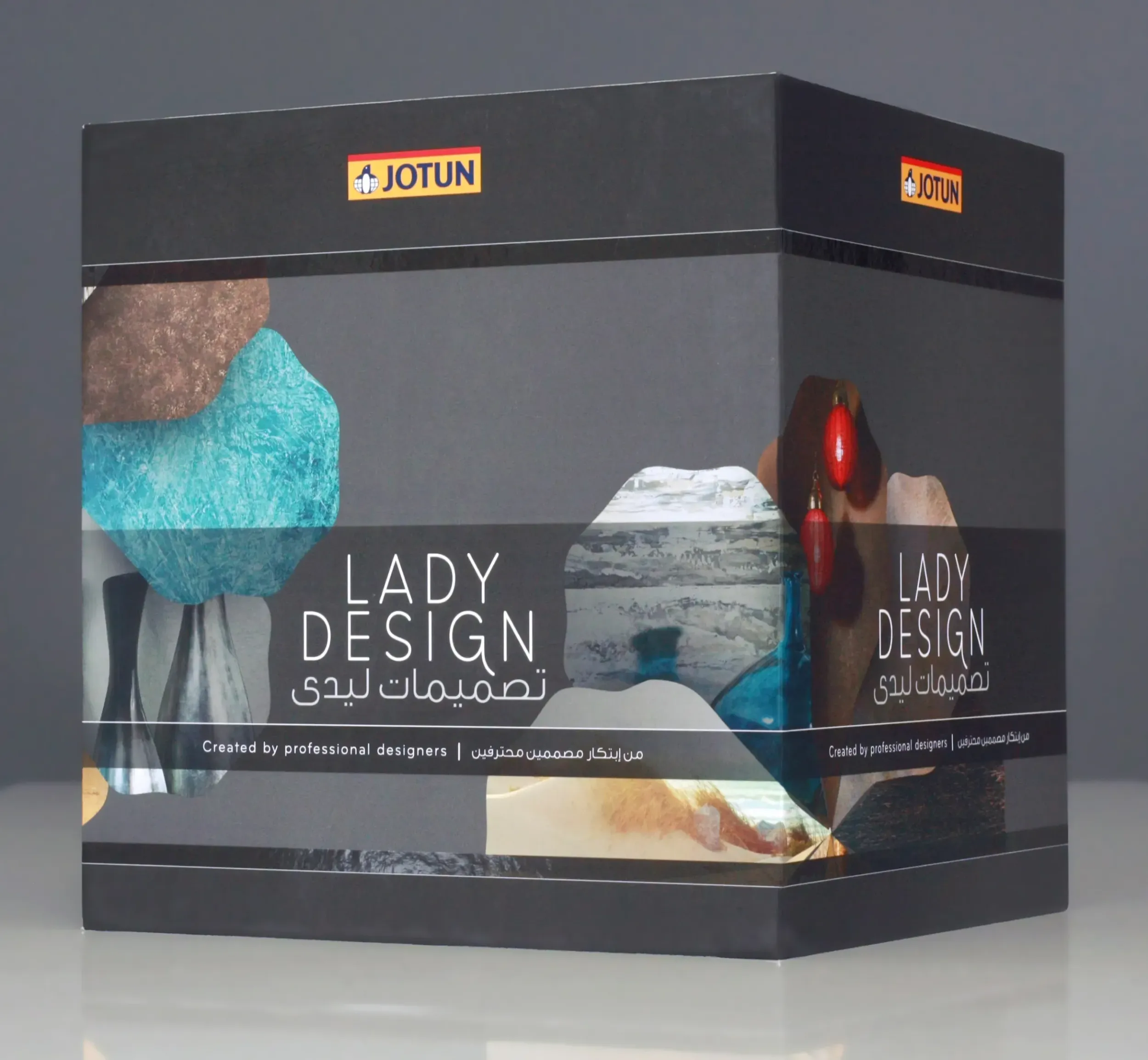 Jotun Lady Design product packaging box featuring textured visuals and bilingual branding, designed by Skyne branding agency
