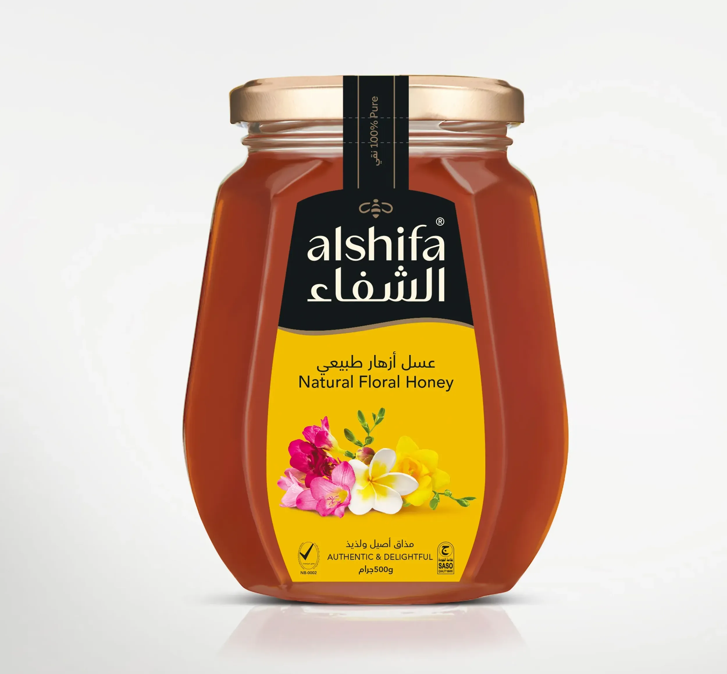 Glass jar of Al Shifa Natural Honey with golden cap and floral label, featuring Arabic and English text on a white background