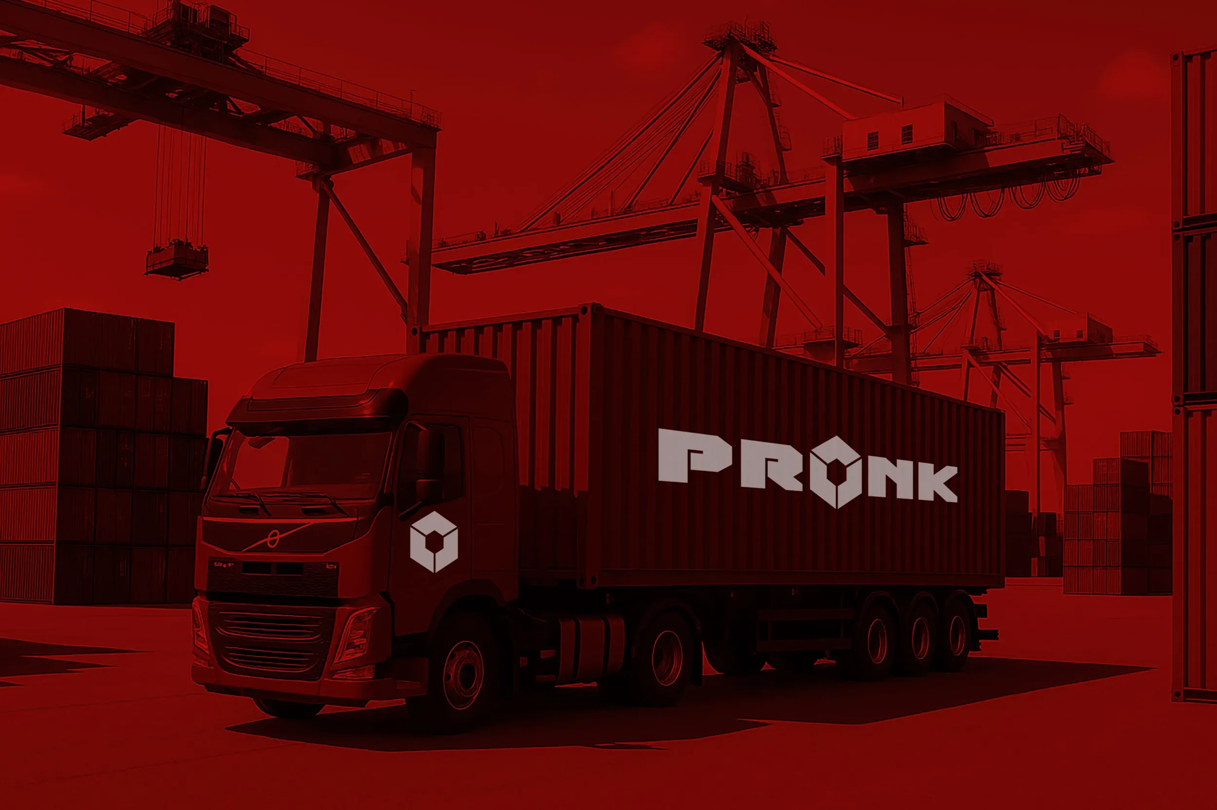 Pronk-branded cargo truck at industrial port with cranes and containers, fleet branding by Skyne branding agency