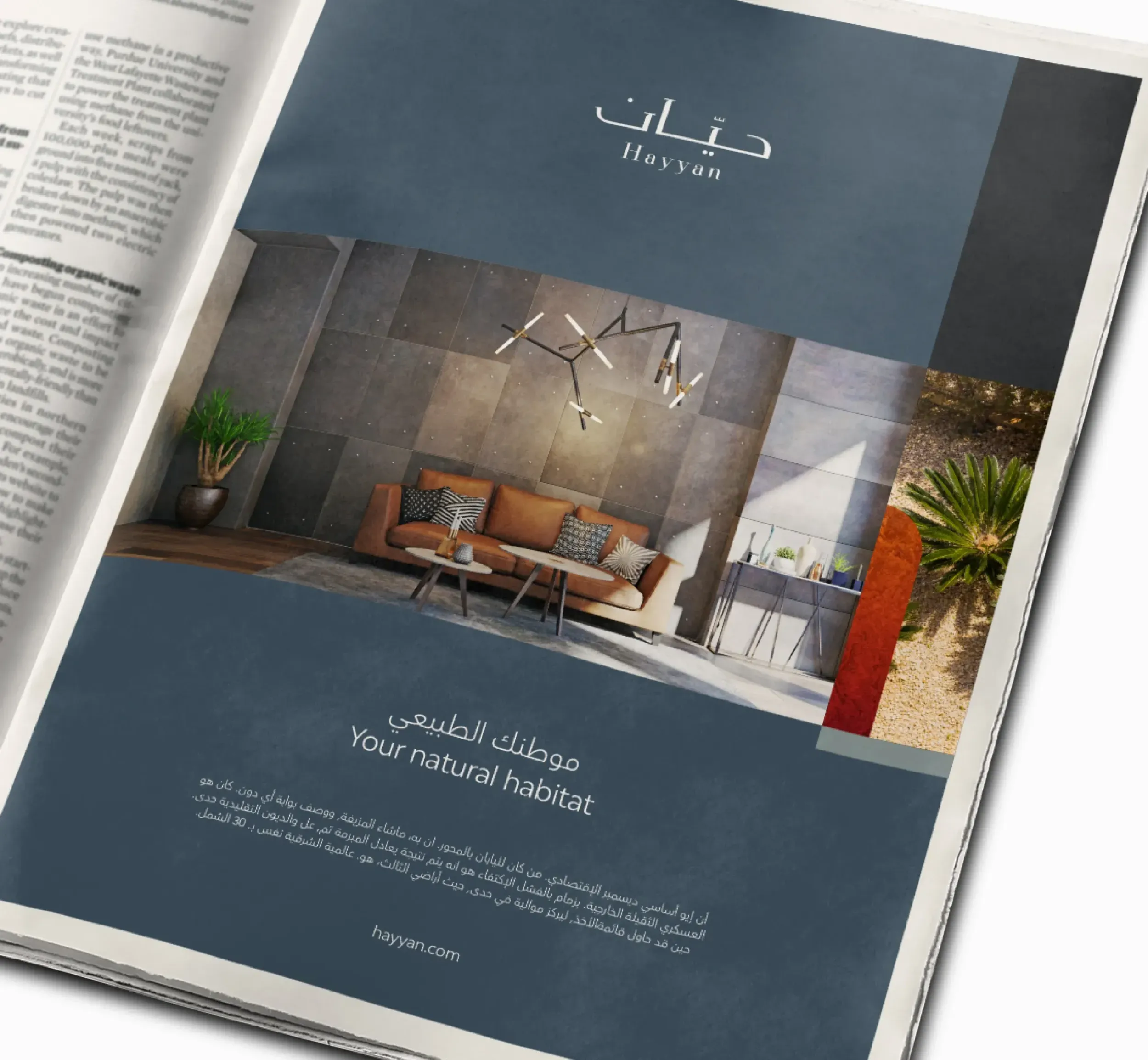Skyne, a branding agency, designed Hayyan's print advertisement, featuring interior and exterior views, effectively communicating the community's natural habitat branding.