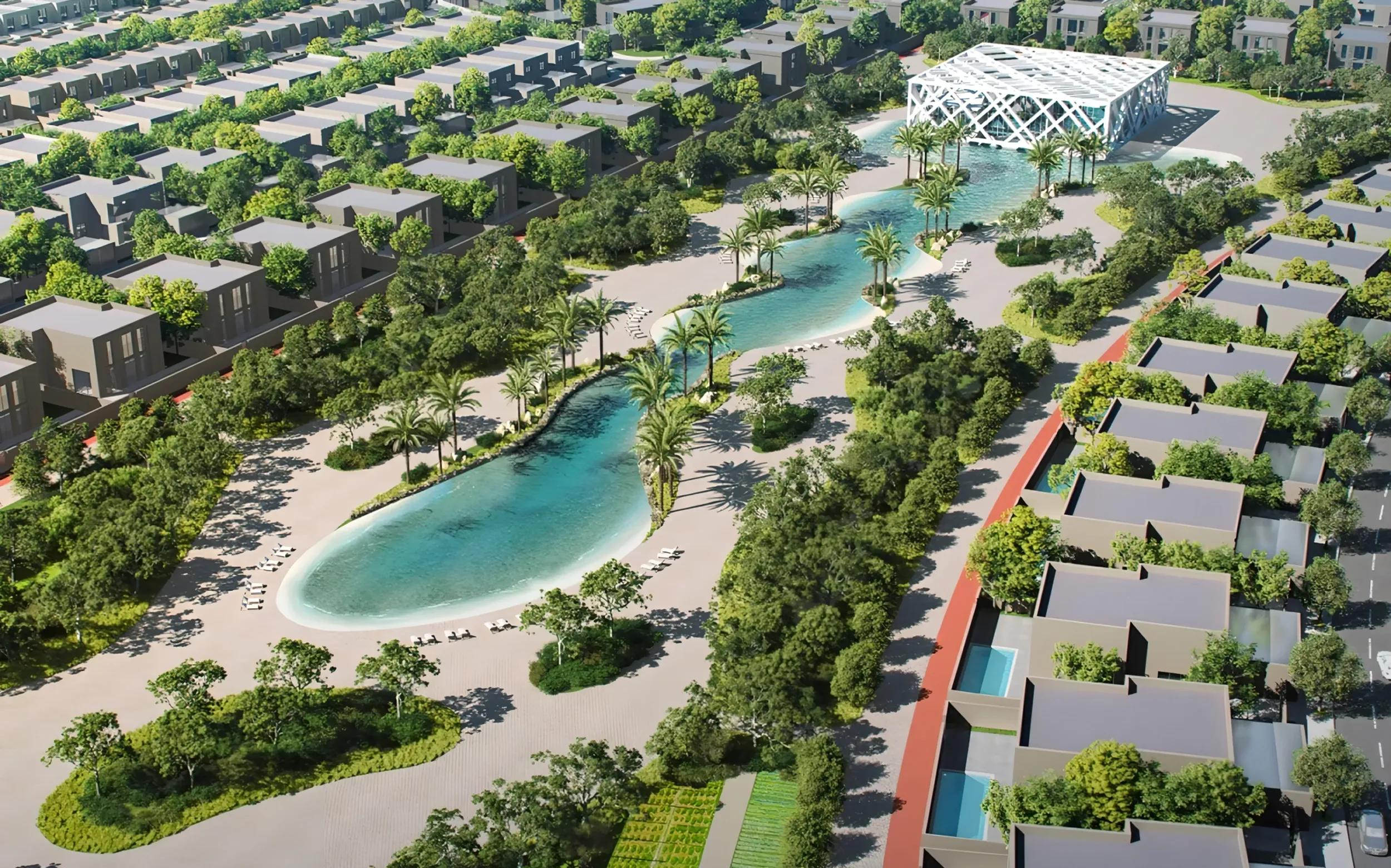 Aerial rendering of Hayyan residential community featuring lush landscaping, central lagoon, villas, and a modern community center.