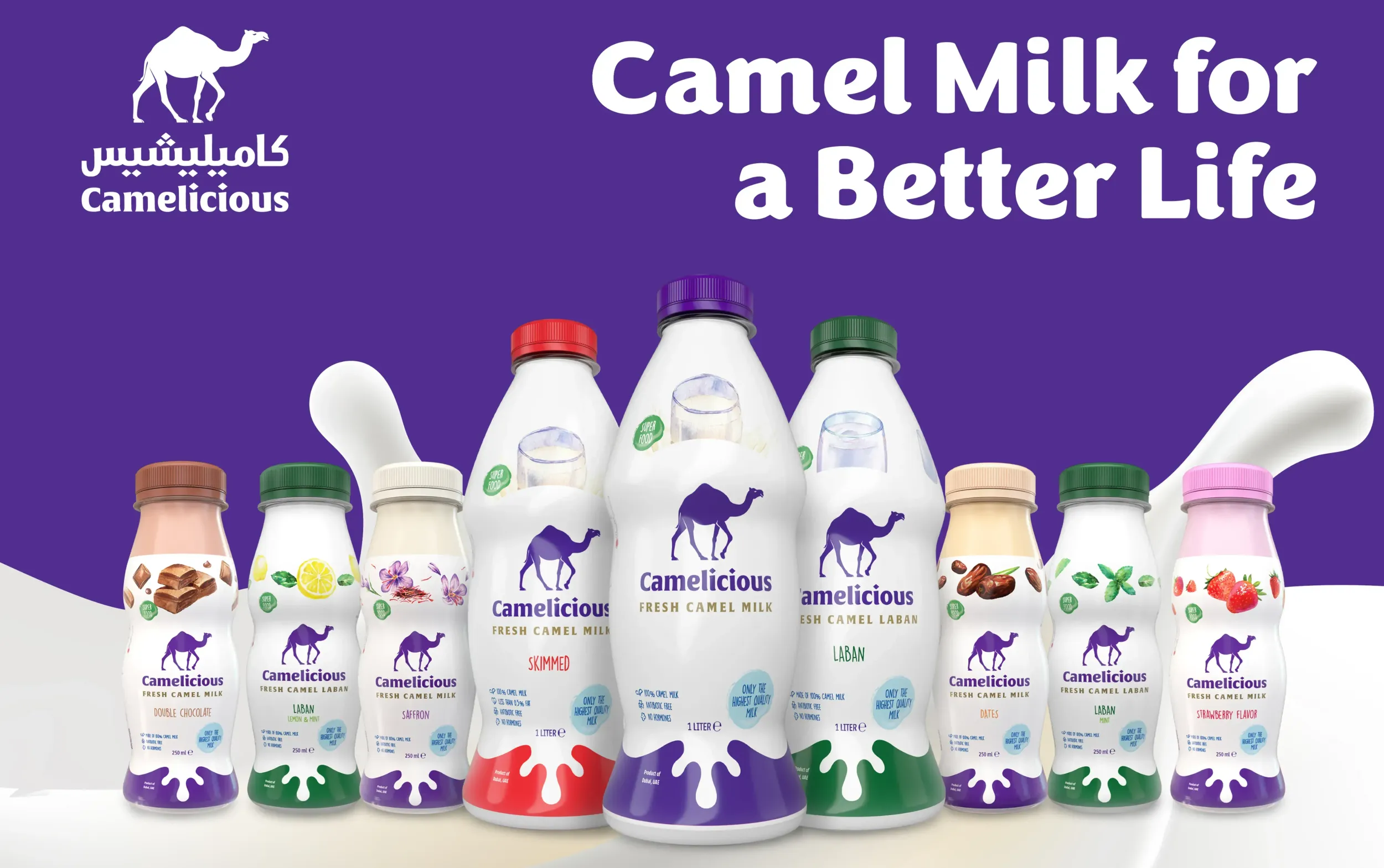A diverse range of Camelicious camel milk products, including flavored milk and laban, demonstrating Skyne's comprehensive packaging design and branding for a healthy, modern food product line.
