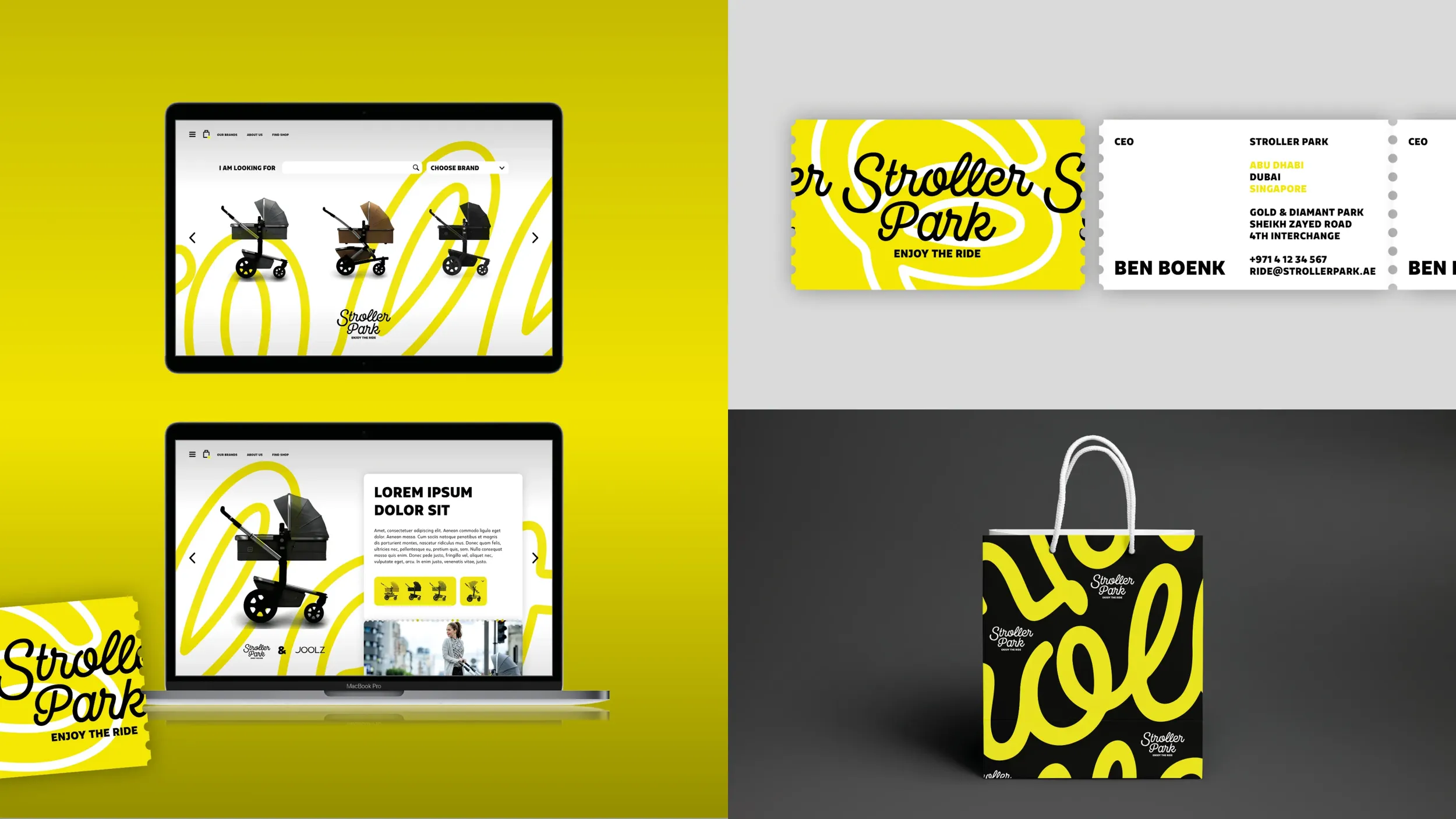 Skyne, a branding agency in Riyadh, developed comprehensive Stroller Park branding, including website designs, business cards resembling amusement park tickets, and branded shopping bags, showcasing packaging design and overall branding.