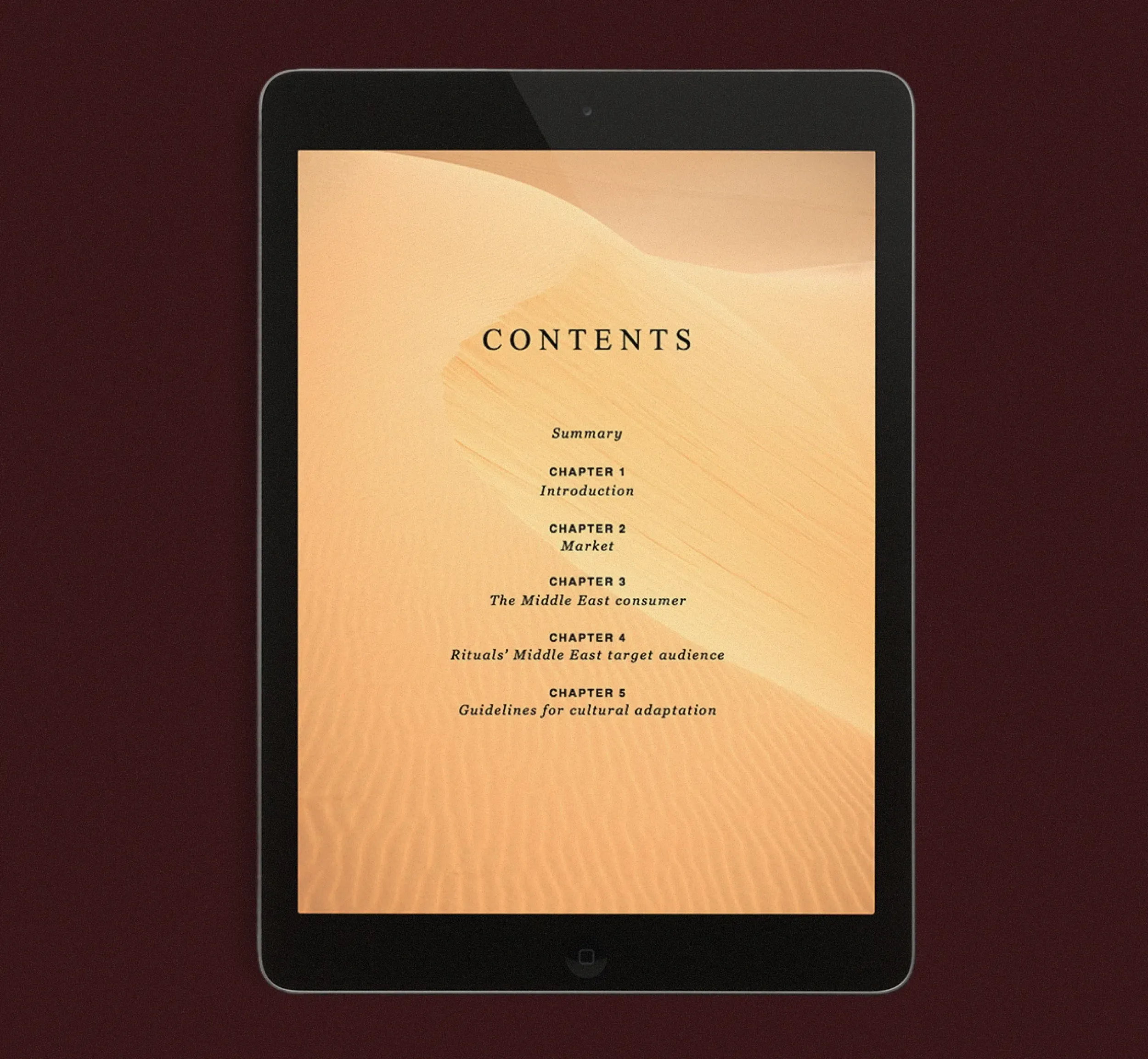 Tablet displaying Rituals Middle East market strategy report table of contents, demonstrating Skyne's in-depth branding and market entry expertise as a branding agency.