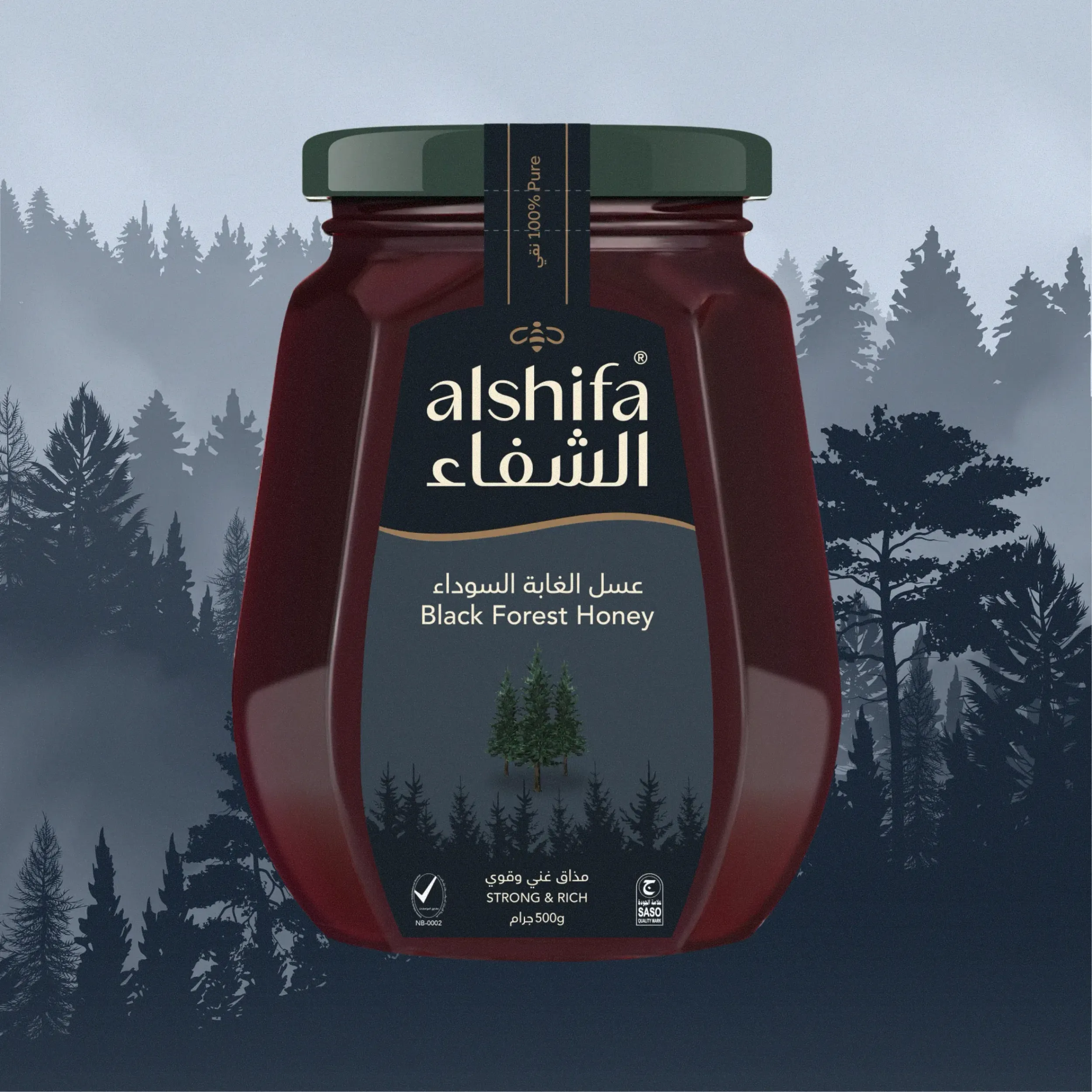 Jar of Al Shifa Black Forest Honey with dark green cap and forest-themed label, placed against a misty pine forest background