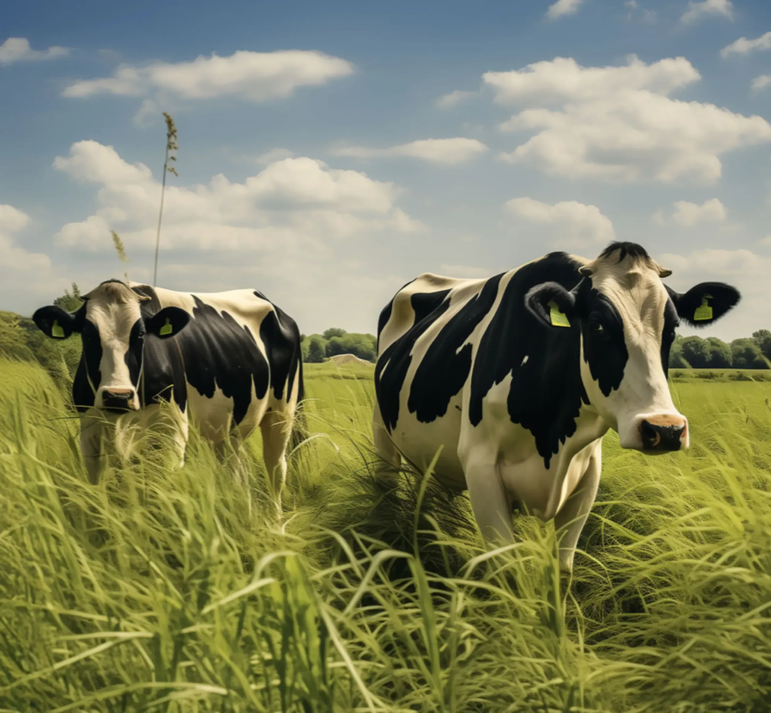 Two black and white dairy cows standing in tall green grass under a partly cloudy blue sky