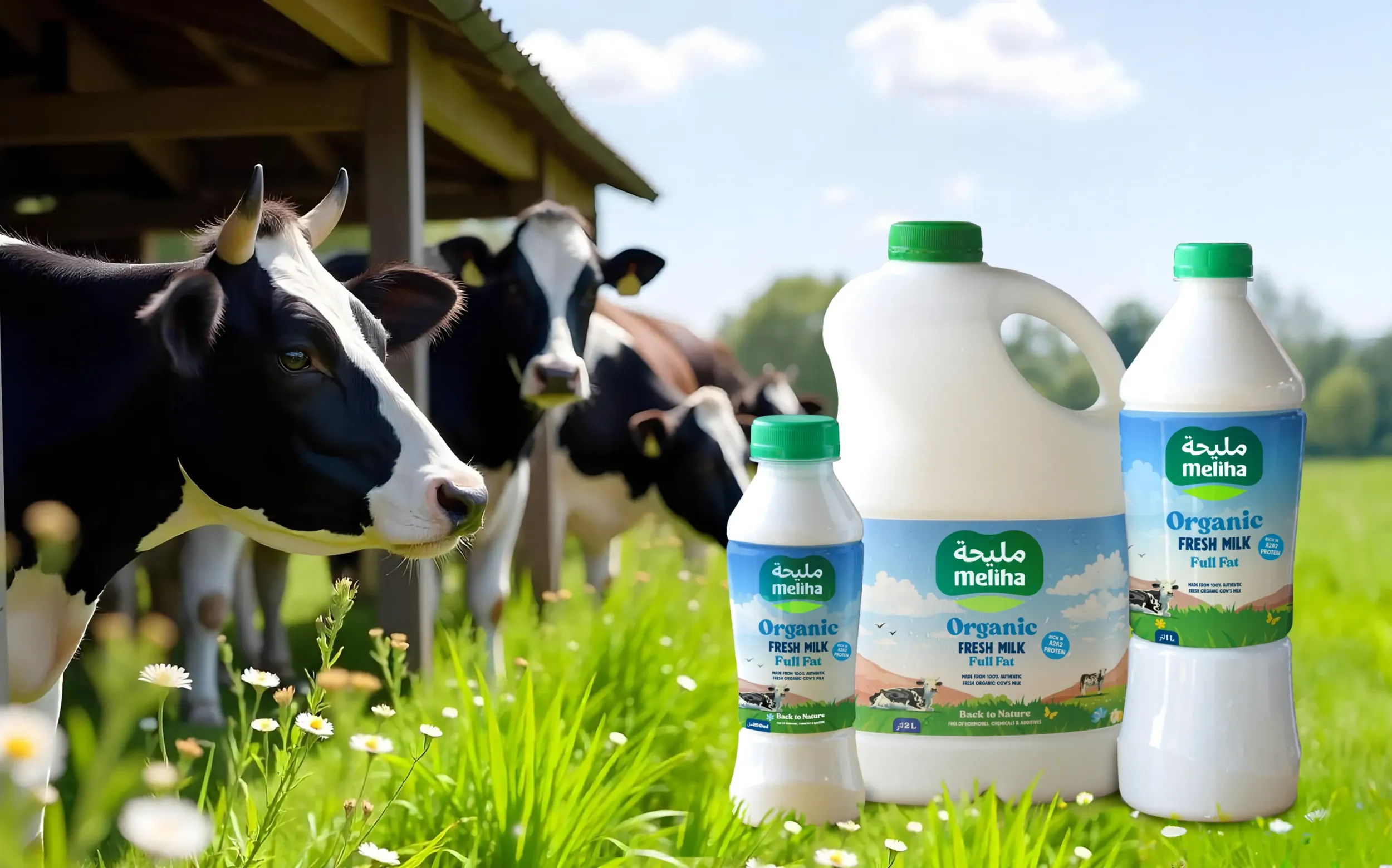 Meliha Organic Fresh Milk bottles placed on green grass near black and white cows in a sunny farm setting