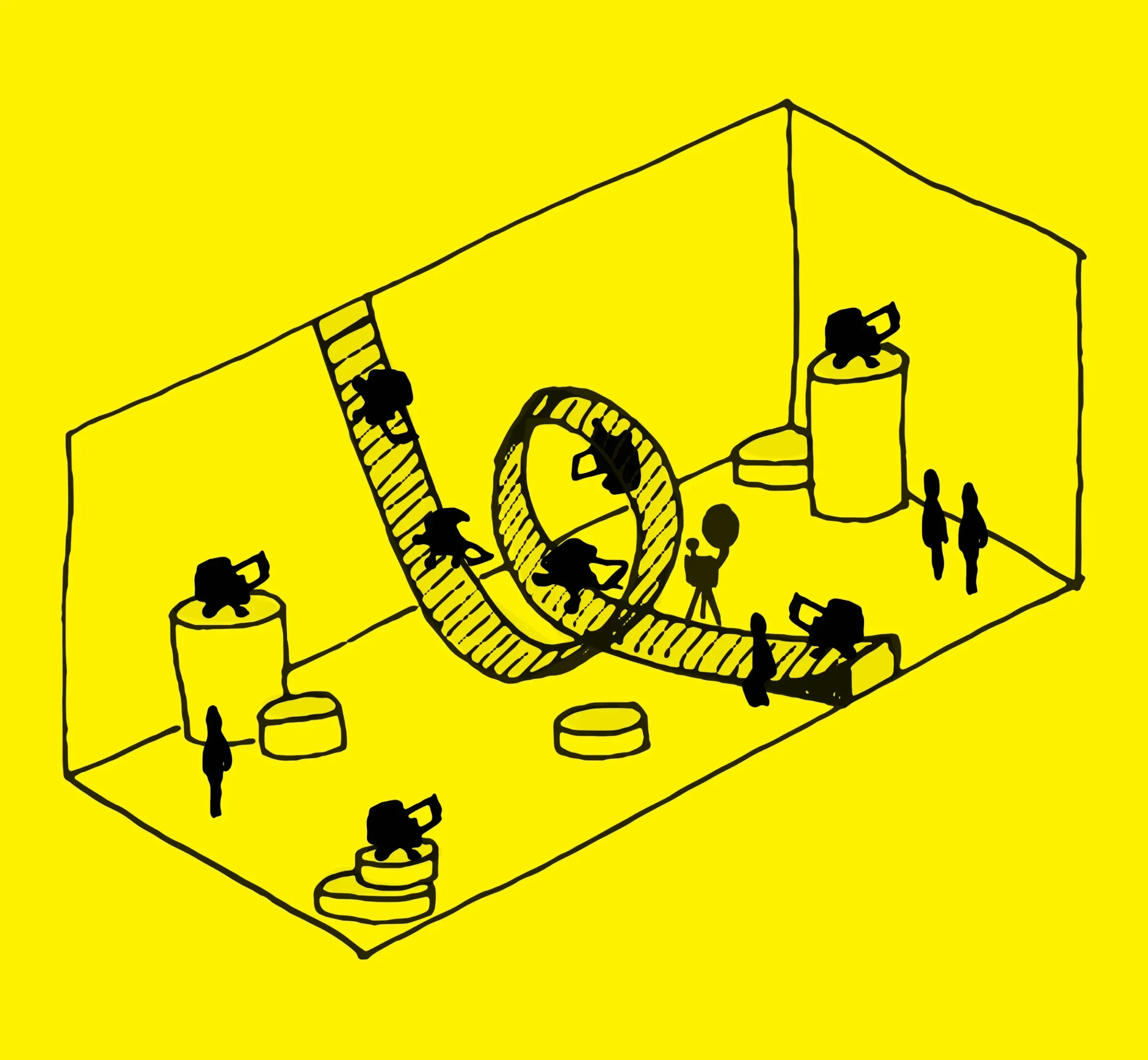 Skyne, a creative agency, presents a detailed conceptual drawing for Stroller Park, showing strollers navigating a multi-level testing track, emphasizing dynamic retail experience and branding.