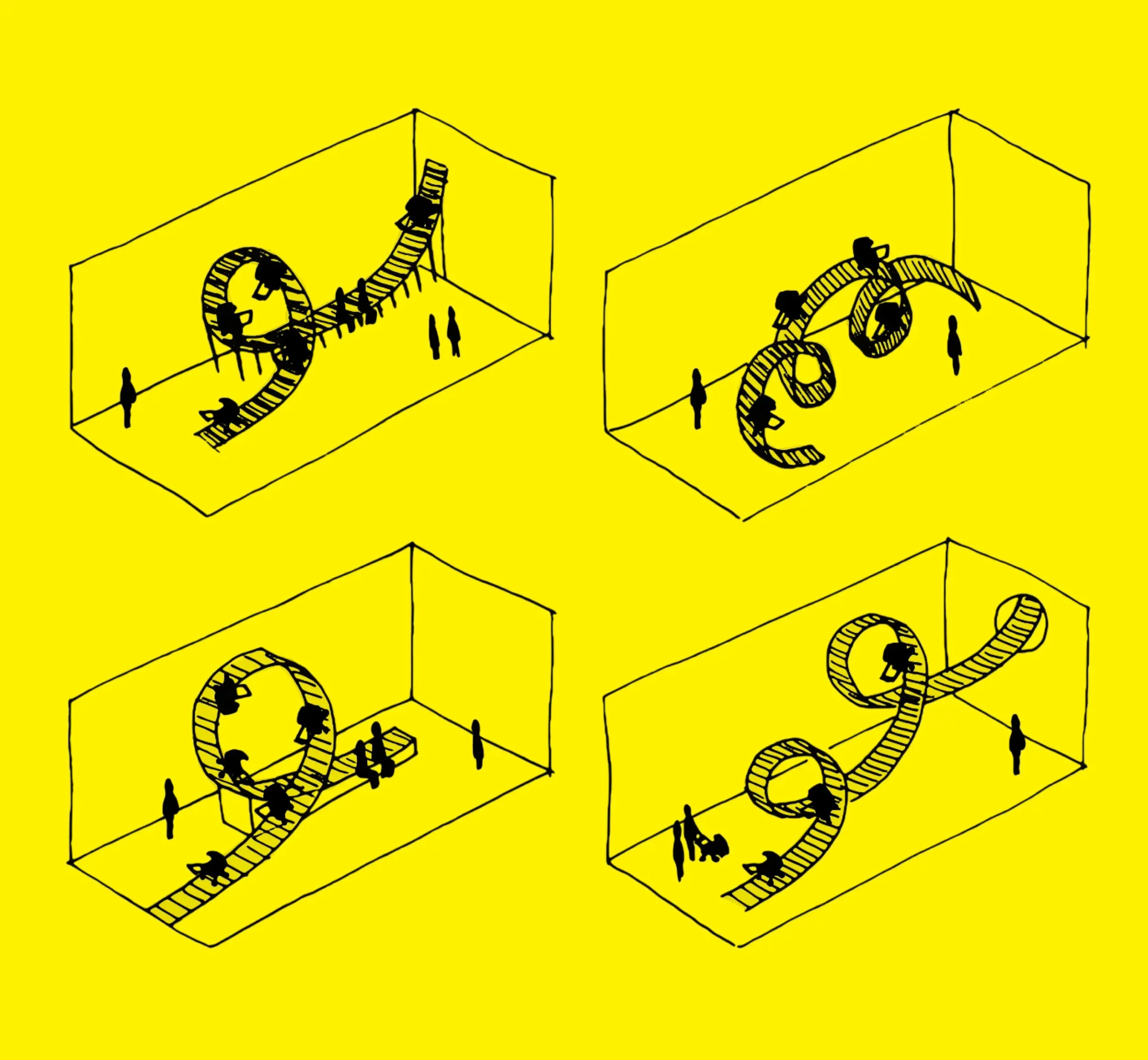 Skyne, a creative agency in Jeddah, presents conceptual sketches for Stroller Park, illustrating various stroller testing tracks and interactive elements, highlighting innovative retail experience design and branding.