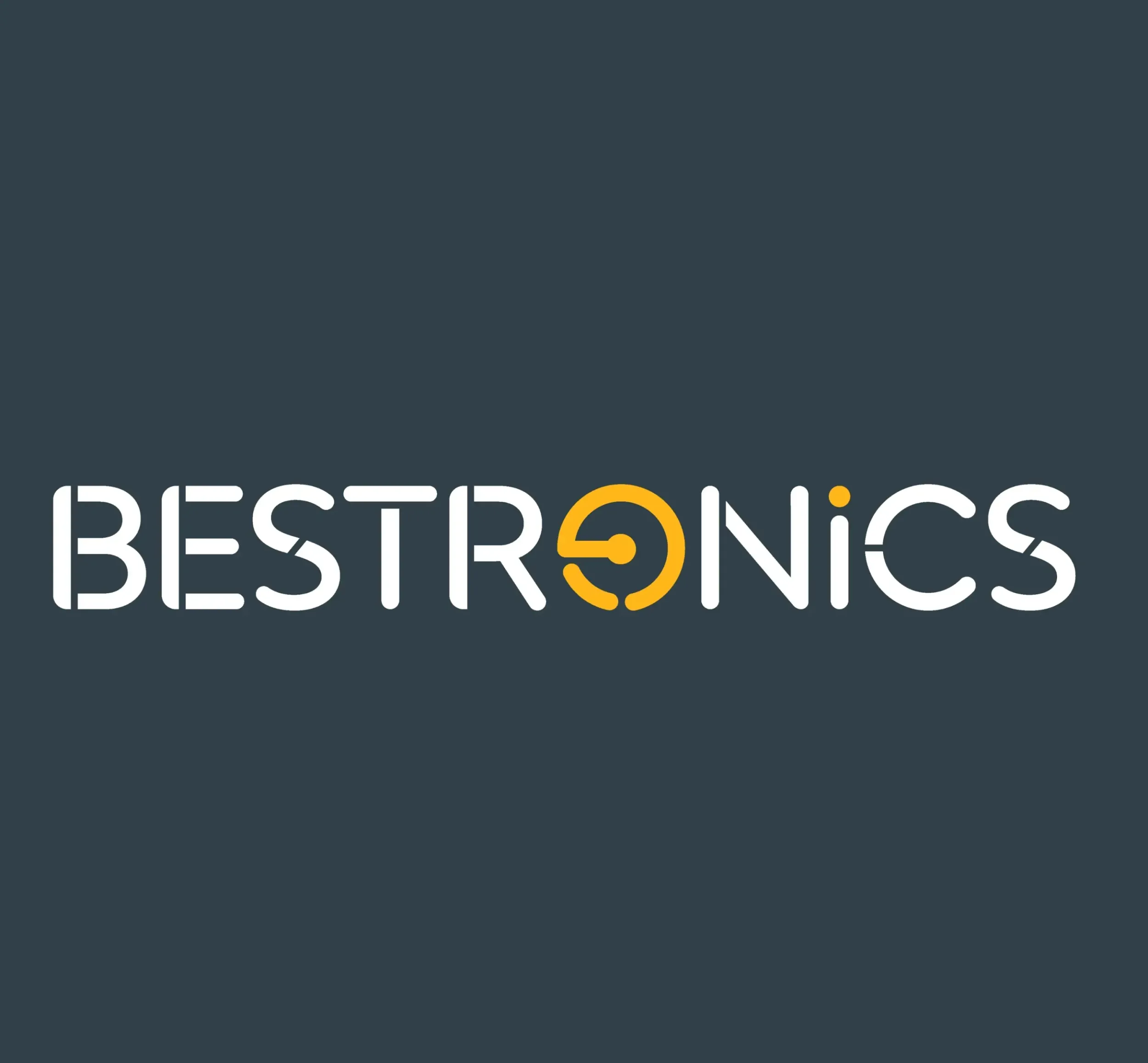 Bestronics logo with stylized circuit board elements in white and yellow on dark gray, representing the new brand identity and innovative branding by Skyne, a creative agency specializing in tech branding.