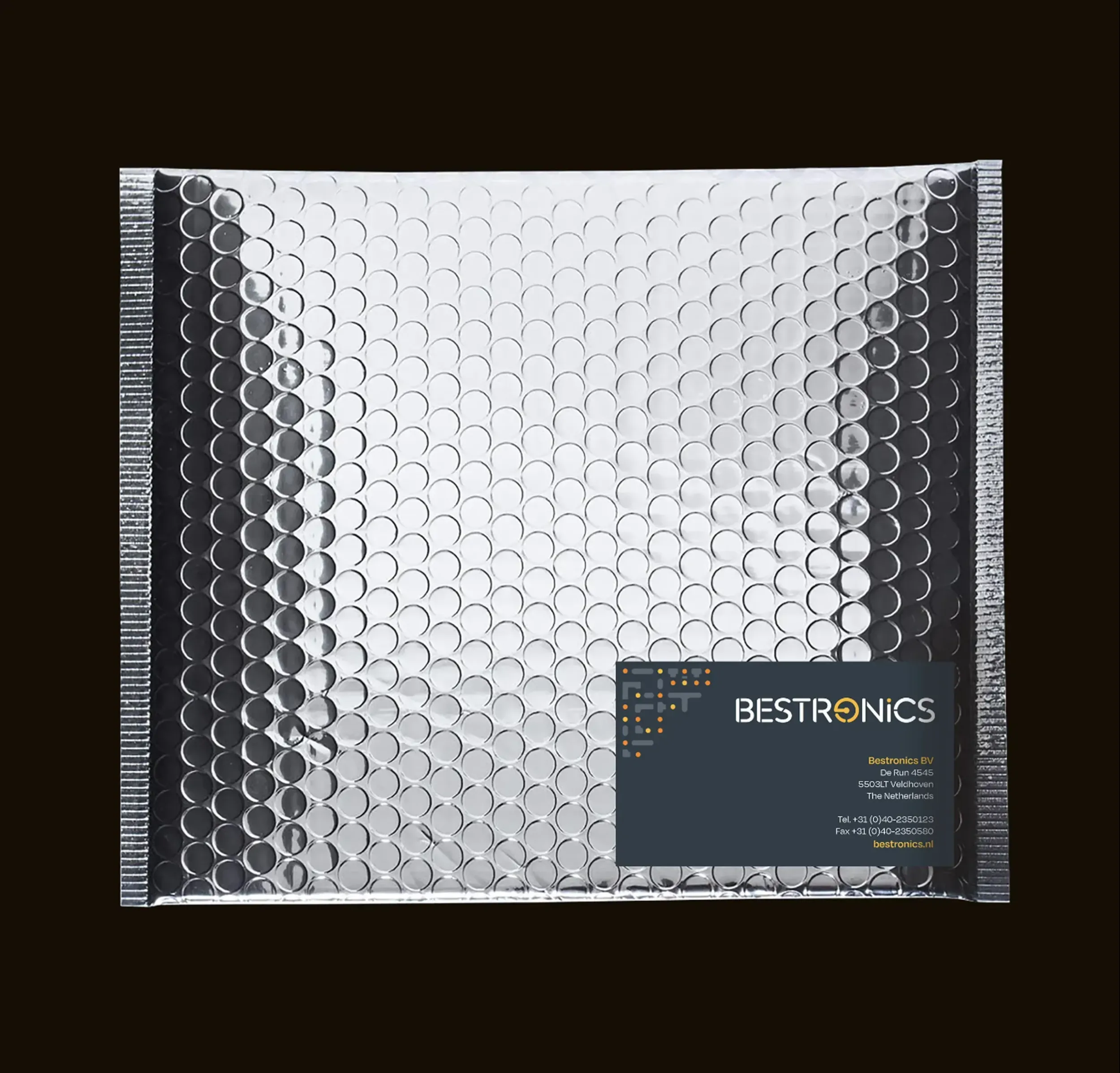 Metallic, bubble-padded envelope with Bestronics branded label, showcasing attention to detail in packaging and logistics, and comprehensive branding and packaging design by Skyne, a creative agency.