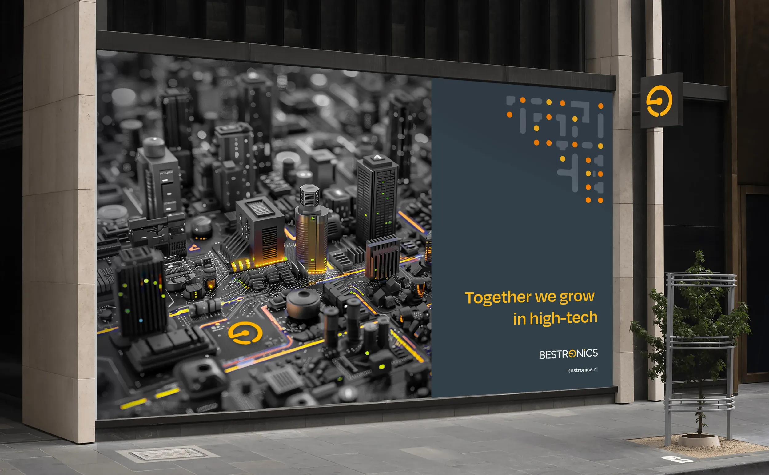 Large outdoor billboard with Bestronics branding, circuit board cityscape, and slogan "Together we grow in high-tech," demonstrating outdoor advertising and comprehensive branding strategy by Skyne, a creative agency.