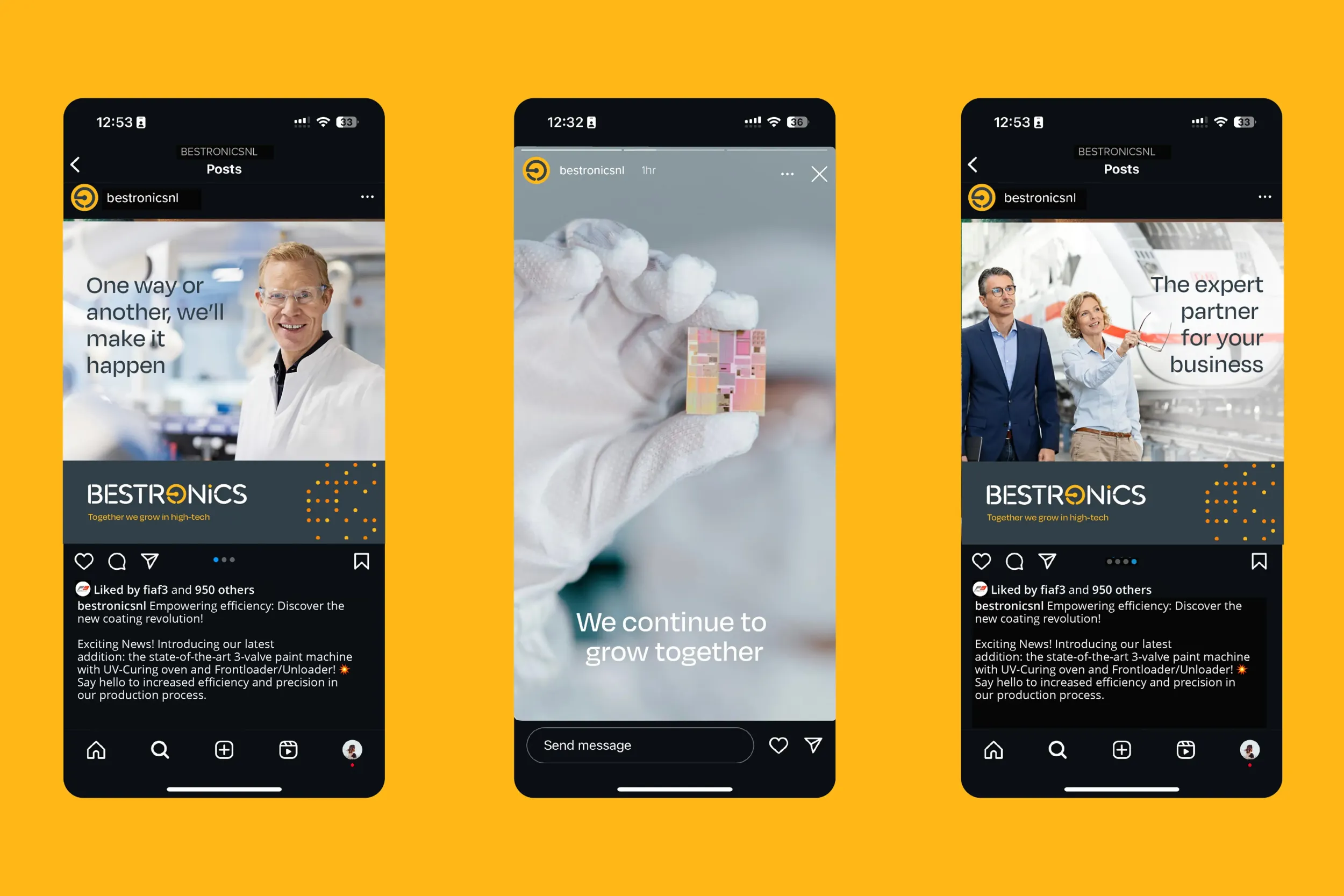 Three smartphone screens displaying Bestronics social media posts with employees and microchips, showcasing digital branding and communication strategy by Skyne, a creative agency specializing in tech branding.