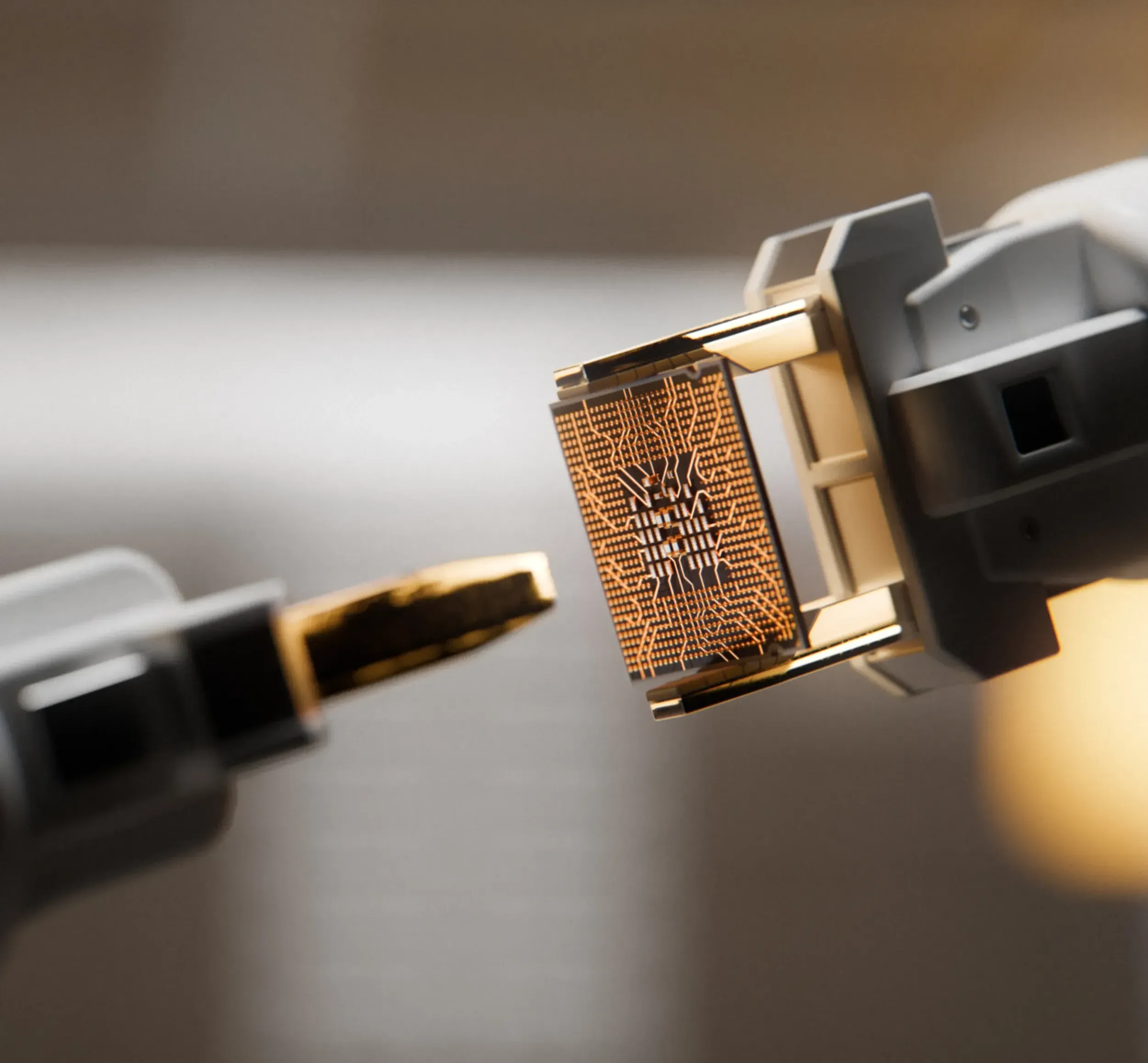 Robotic arm holding a microchip, symbolizing precision manufacturing and advanced technology in electronics, representing Bestronics’ expertise and high-tech branding by Skyne, a creative agency.