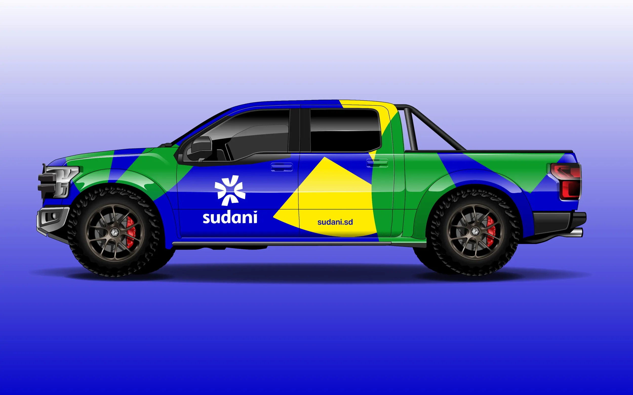 Sudani branded vehicle, a Toyota Hilux, showcasing Skyne's extensive branding and visual identity implementation for a major telecommunications company.