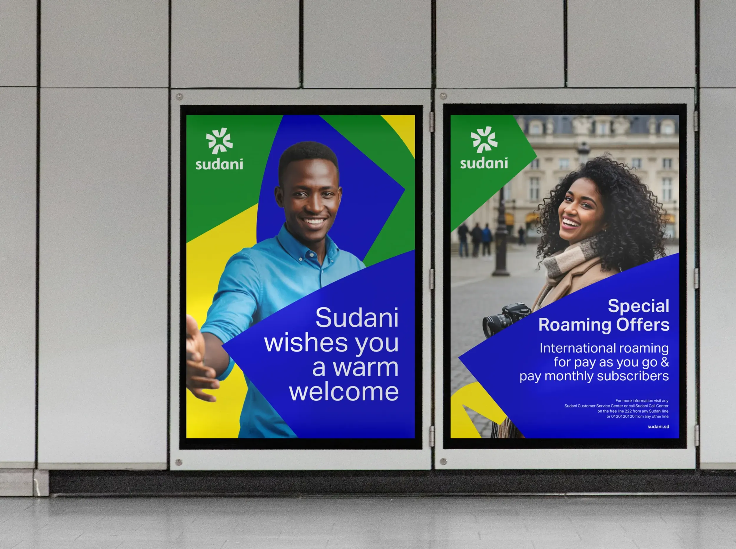 Sudani in-store advertising posters, designed by Skyne, highlighting mobile operator services and telecommunications solutions for enhanced customer engagement.