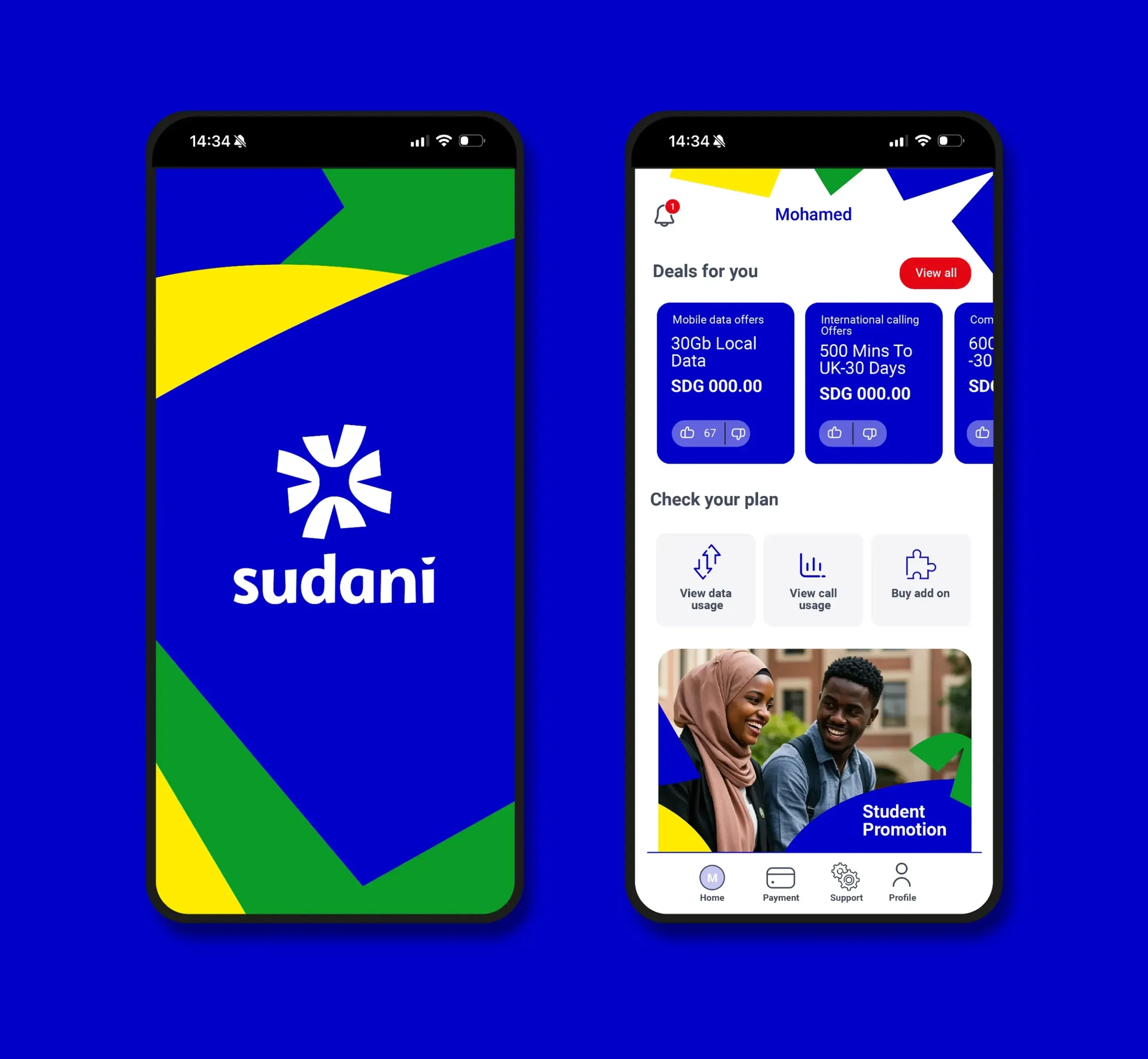 Sudani mobile application interface, showcasing Skyne's digital branding and user experience design for a leading ICT company.