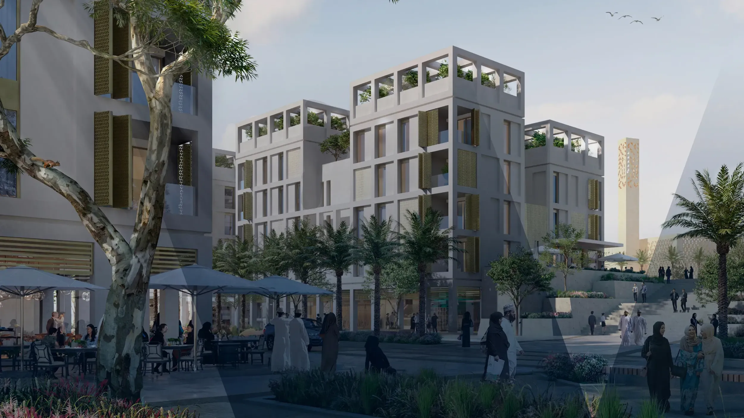 Architectural rendering of a modern urban development with mid-rise buildings, outdoor seating areas, palm trees, and people walking through a public plaza