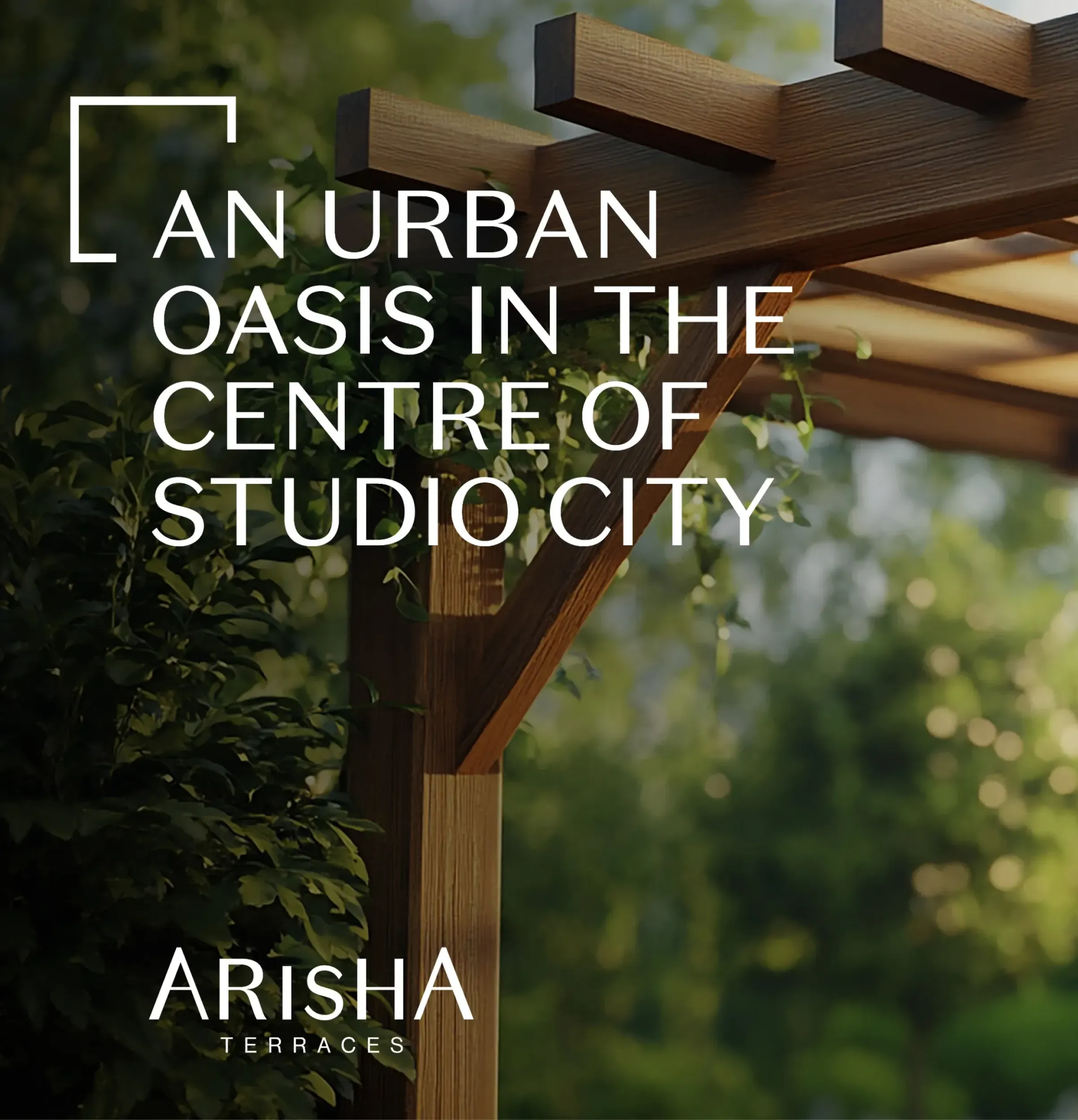 Lush green outdoor space with wooden pergola and Arisha Terraces logo. Skyne, a branding agency, emphasizes community in its branding strategies for real estate developments.