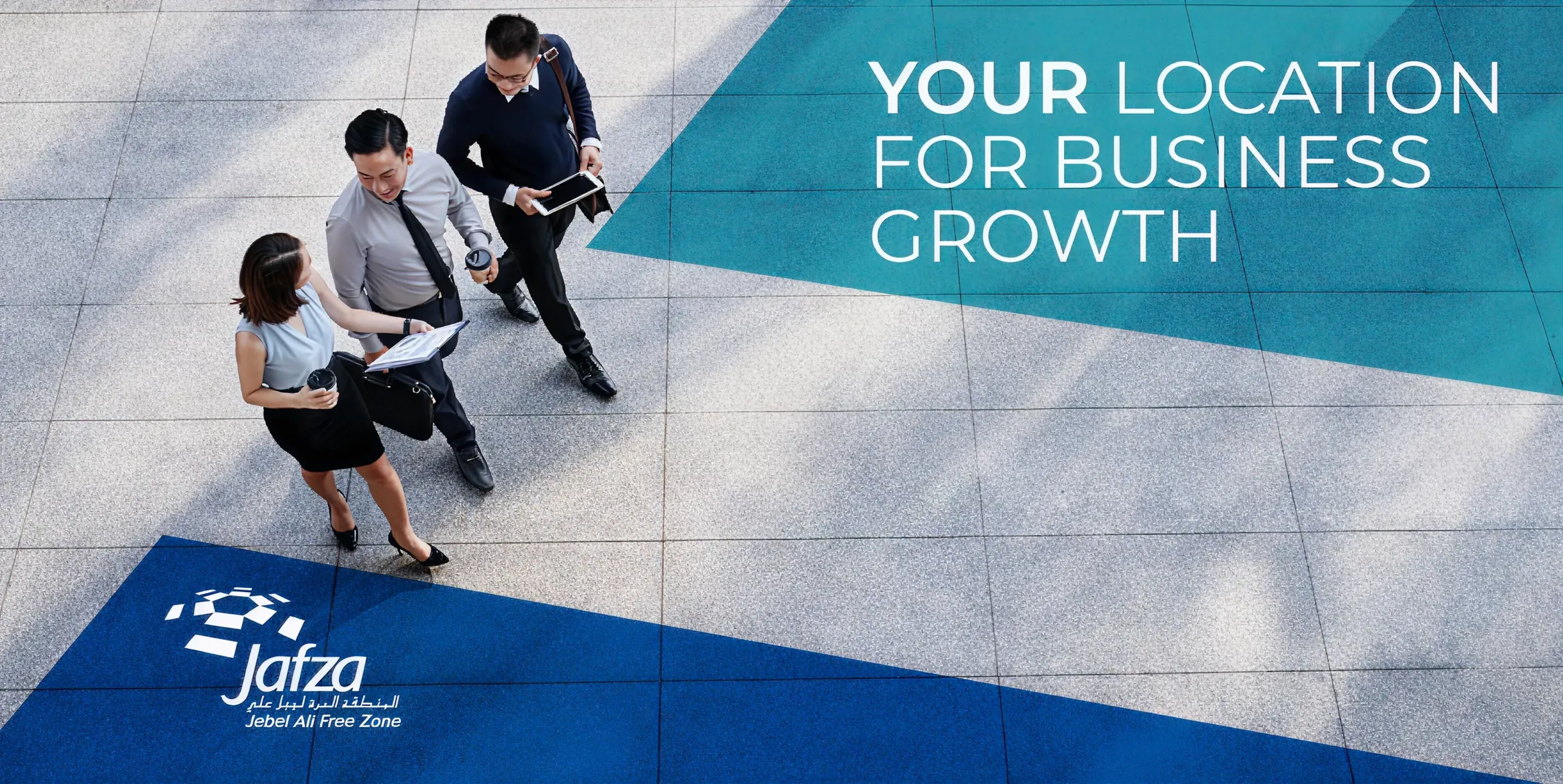 Business professionals walking in a modern urban environment, with the text 'Your Location for Business Growth' and JAFZA logo, illustrating Skyne's branding for a dynamic free zone.