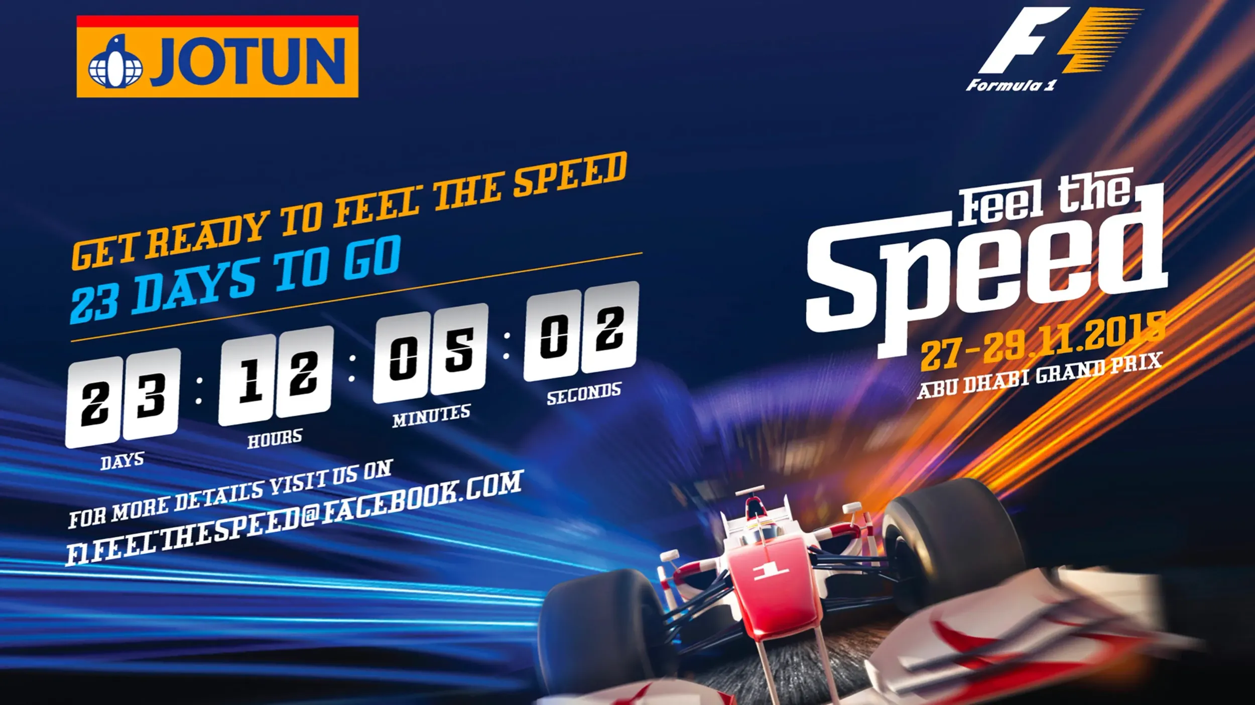 Formula 1 race countdown poster with text 'Feel the Speed', showing a racing car, event dates, and sponsor logos.
