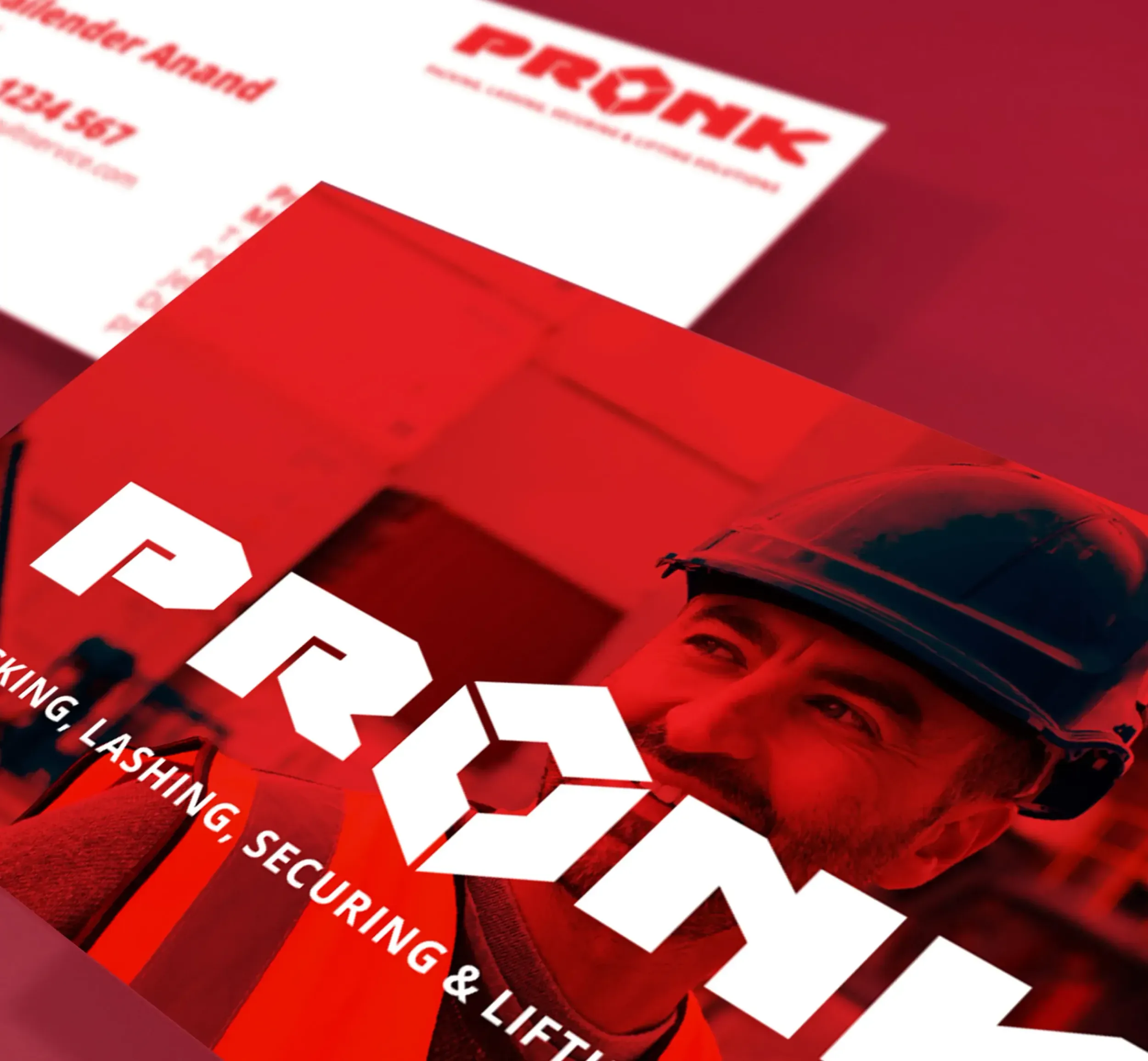 Branded business cards and red-toned promotional material for Pronk, designed by Skyne branding agency