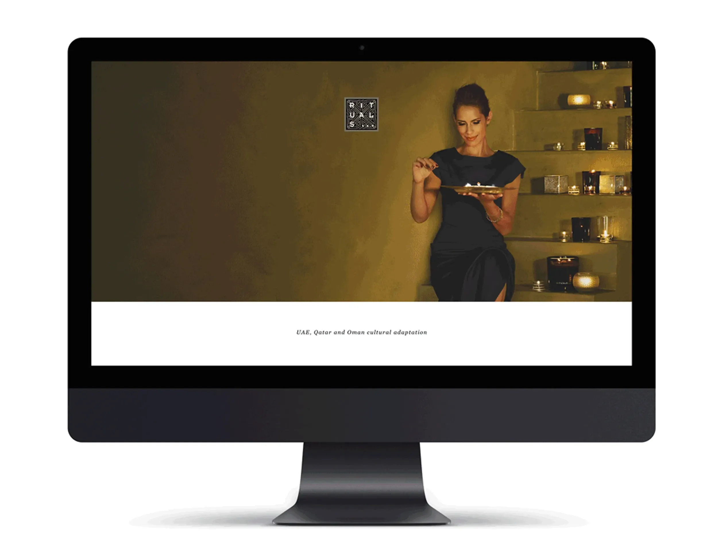 Desktop monitor showing Rituals website with cultural adaptation text, highlighting Skyne's digital branding and localization services as a creative agency..